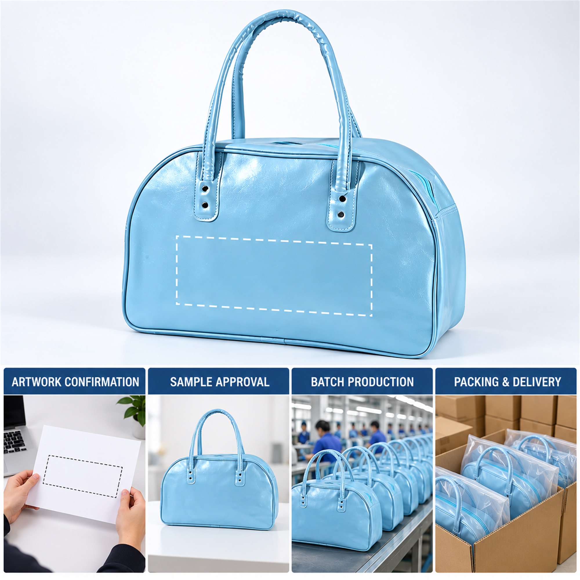 Custom Light-Blue Glossy PU Arched-Top Travel And Gym Handbag Bag custom logo option