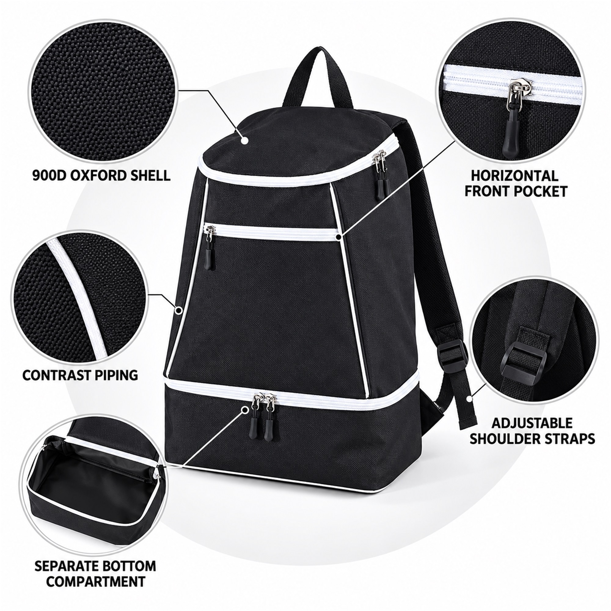 Custom Oxford Large-Capacity Travel Backpack With Front Pocket And Separate Bottom Compartment product construction details