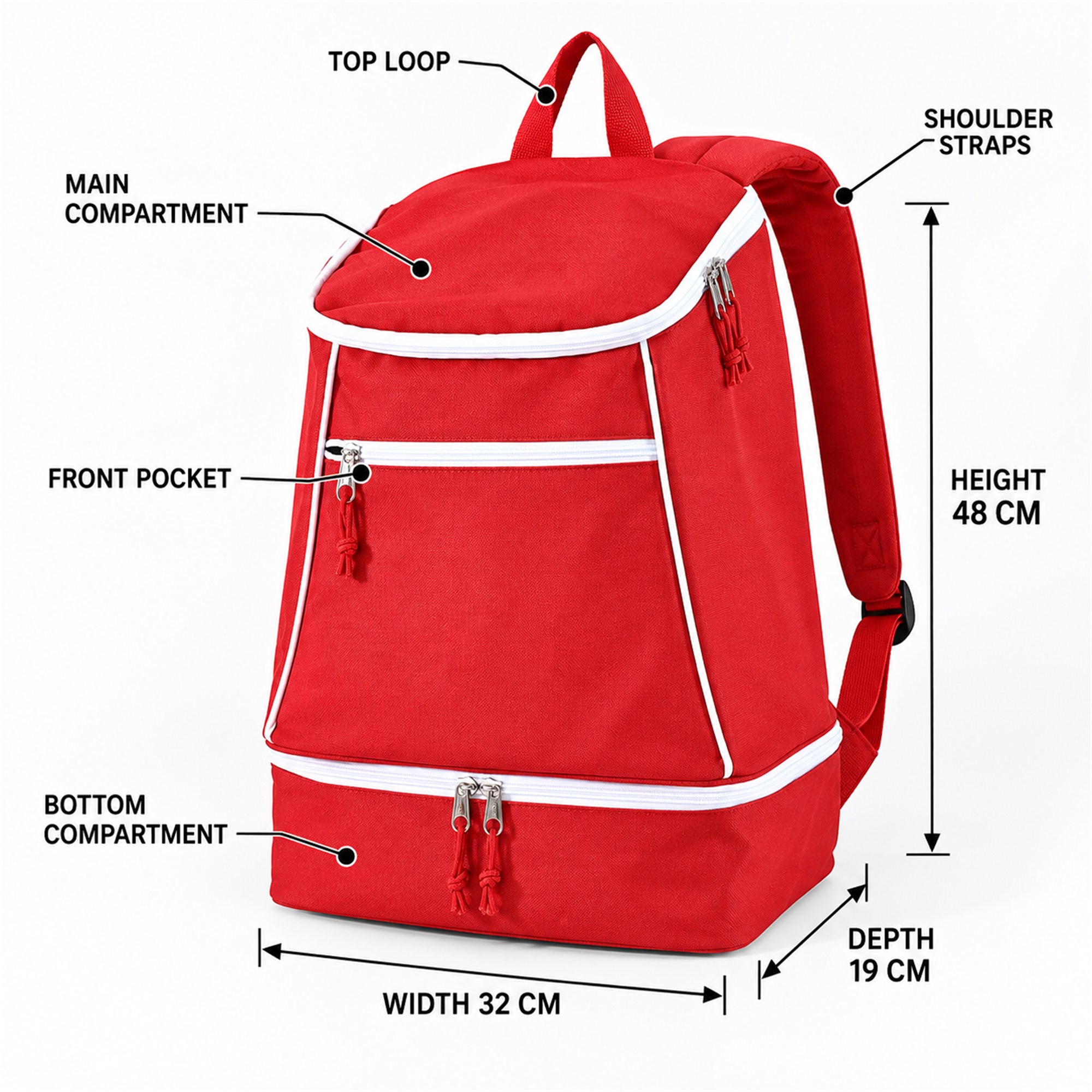 Custom Oxford Large-Capacity Travel Backpack With Front Pocket And Separate Bottom Compartment size and structure