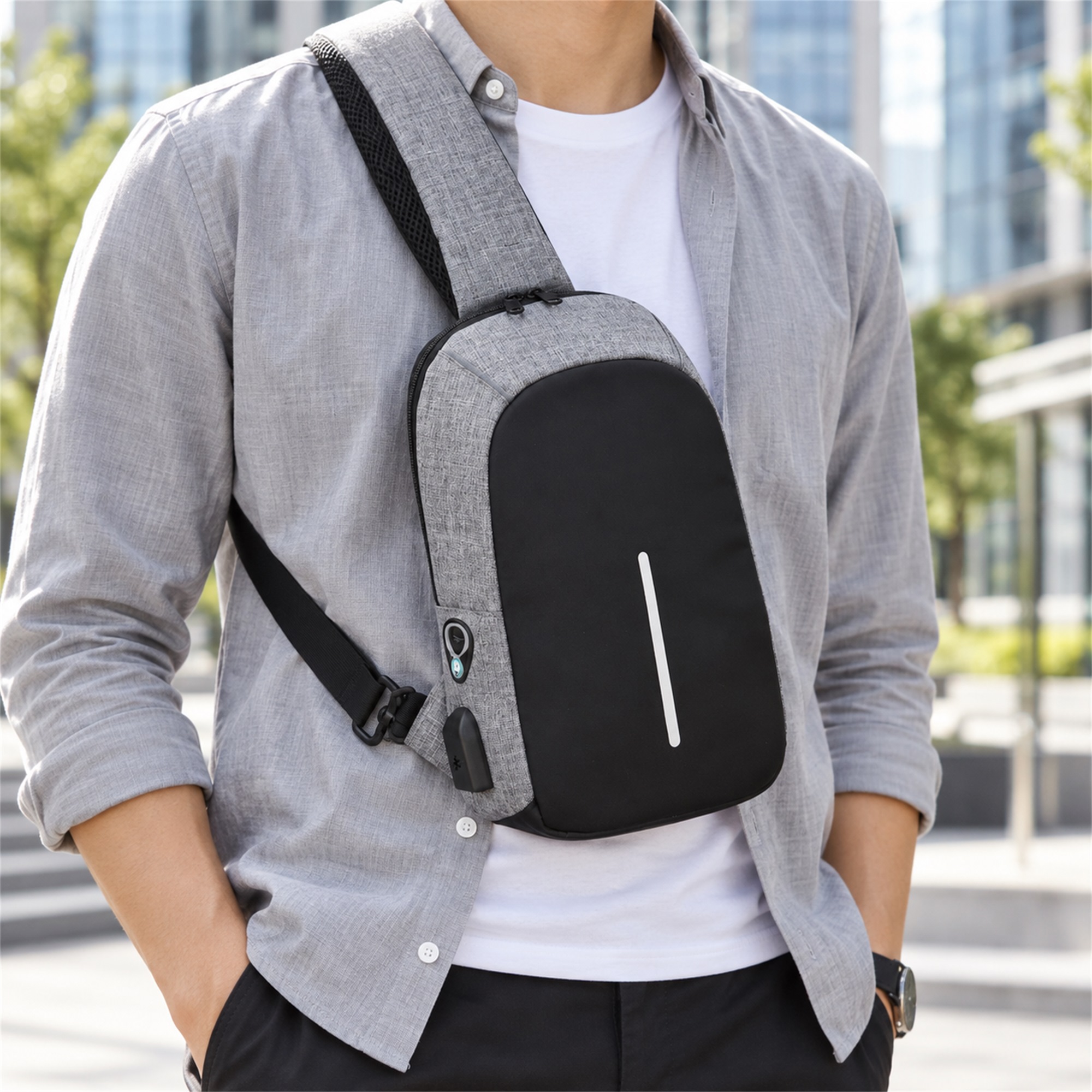 Custom Compact Vertical Men'S Sling Chest Bag With Molded Front Panel lifestyle application