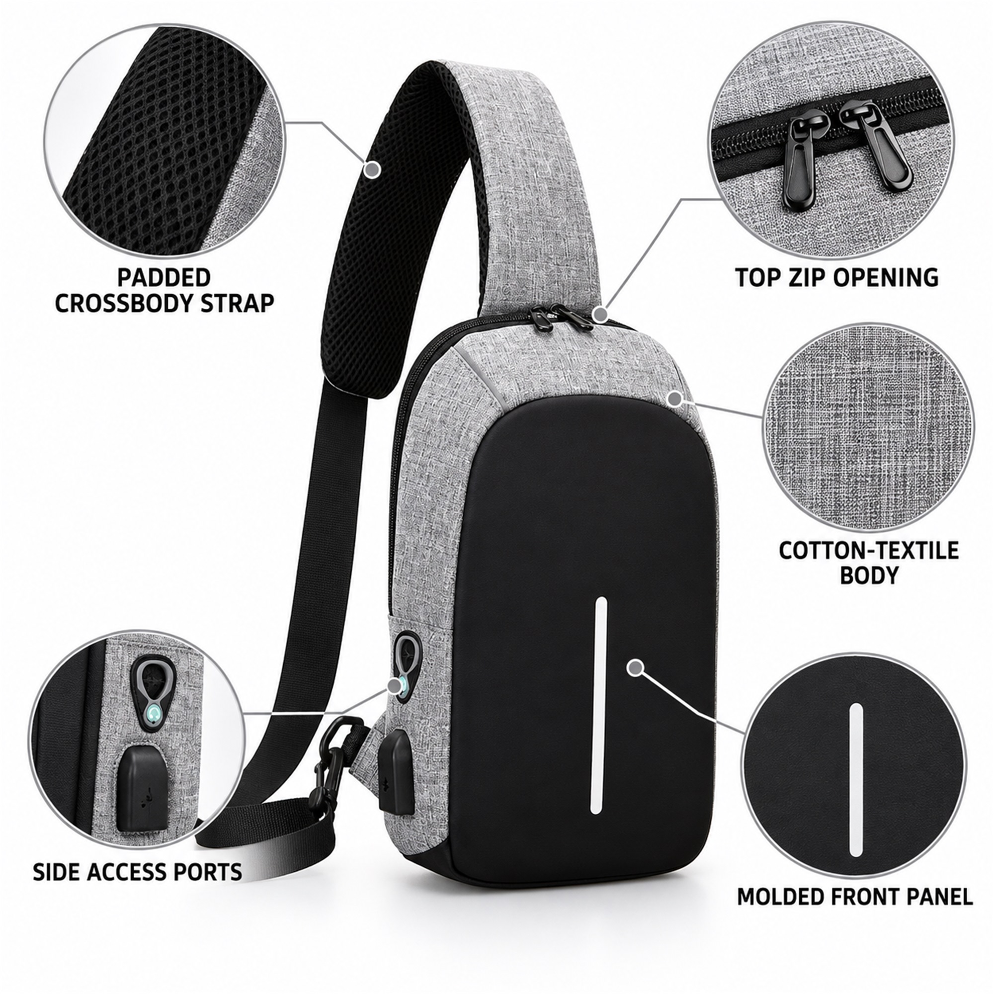 Custom Compact Vertical Men'S Sling Chest Bag With Molded Front Panel product construction details