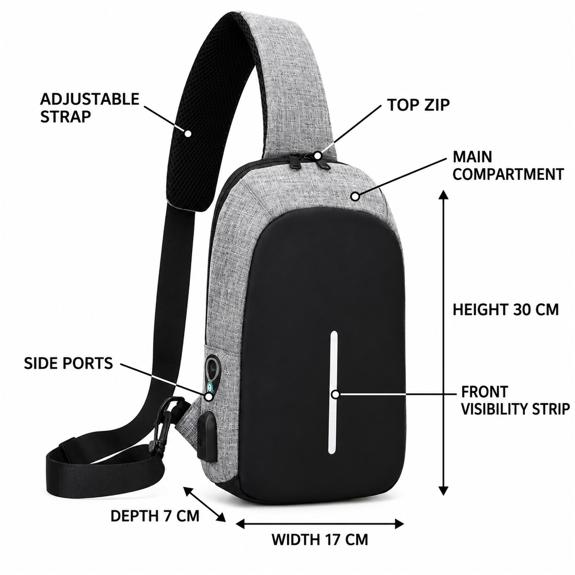 Custom Compact Vertical Men'S Sling Chest Bag With Molded Front Panel size and structure