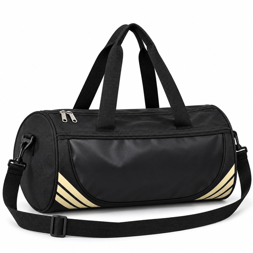 Custom Black Cylindrical Gym And Travel Duffel front product view