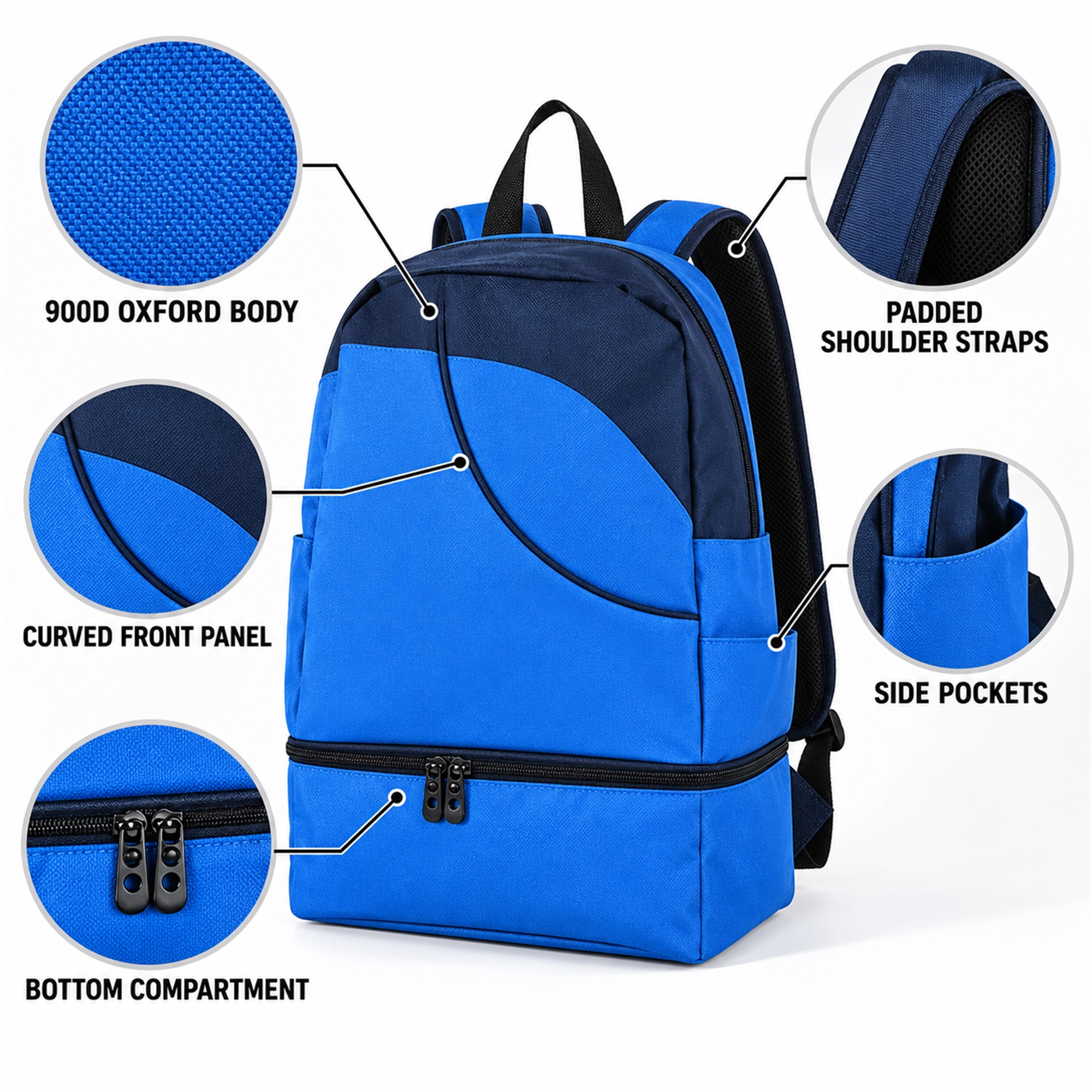 Custom Oxford Swimming And Fitness Backpack With Separate Bottom Compartment product construction details