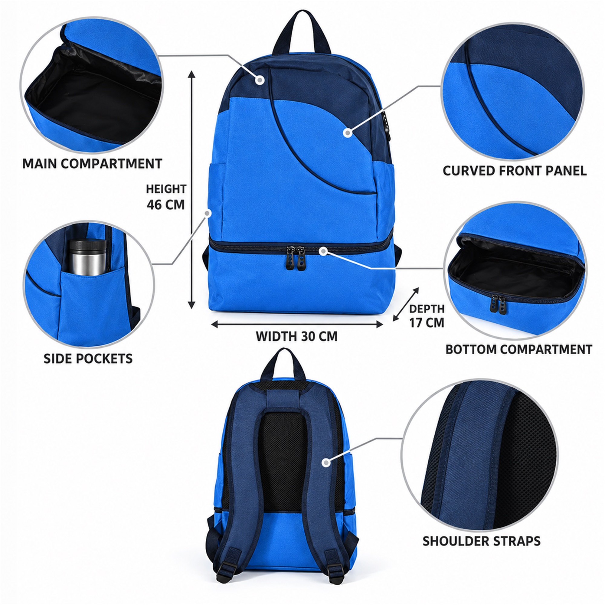Custom Oxford Swimming And Fitness Backpack With Separate Bottom Compartment size and structure
