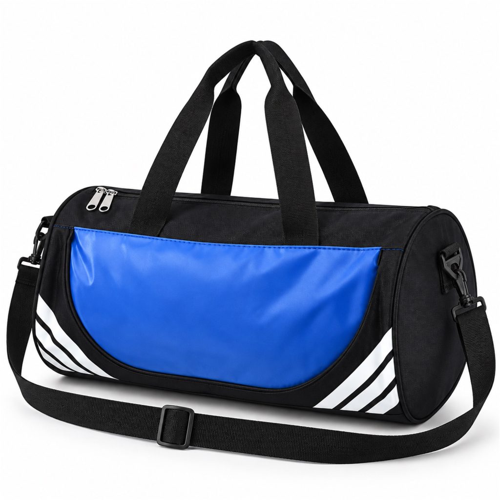 Custom Black And Blue Cylindrical Gym And Training Duffel front product view