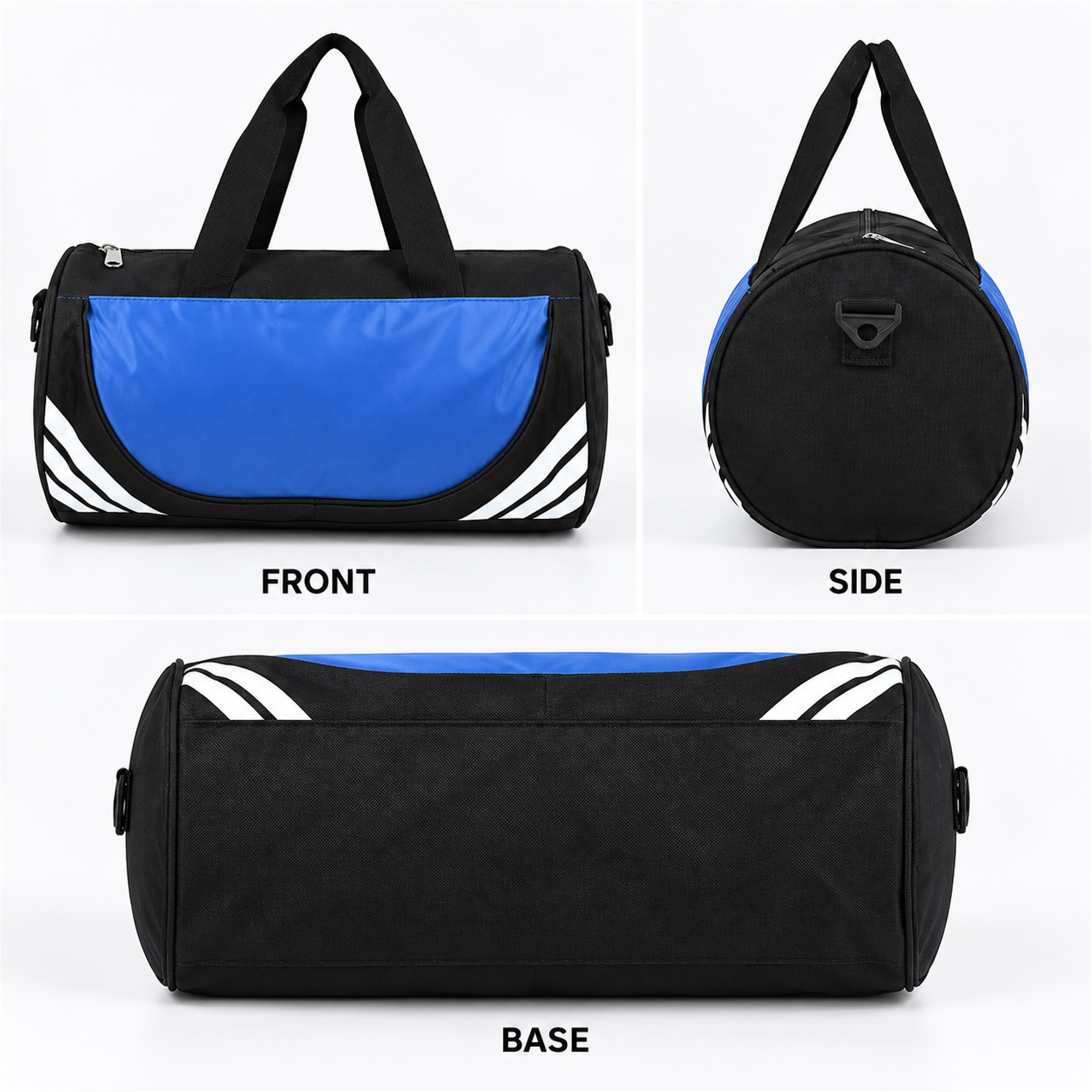 Custom Black And Blue Cylindrical Gym And Training Duffel available styles and colors