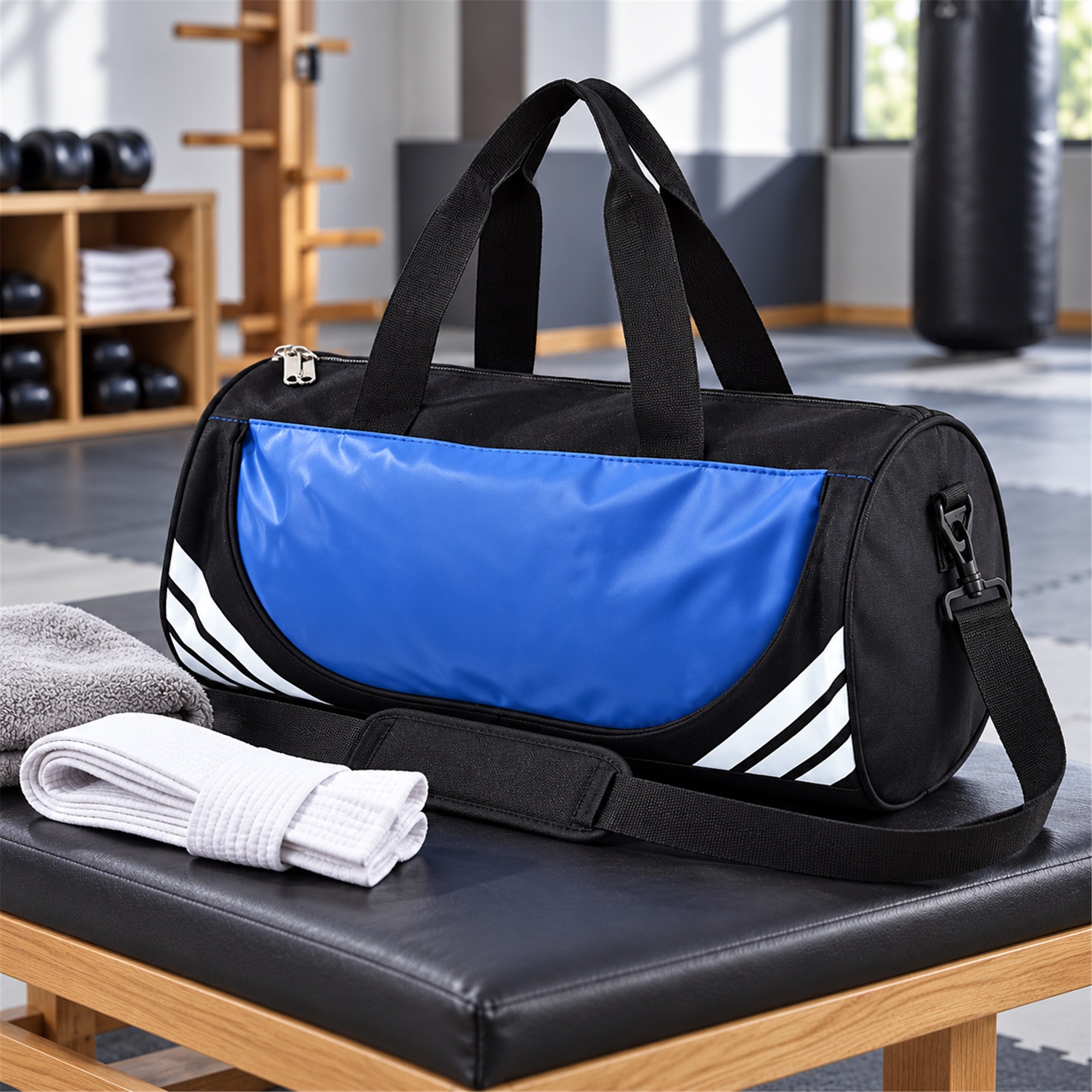 Custom Black And Blue Cylindrical Gym And Training Duffel lifestyle application