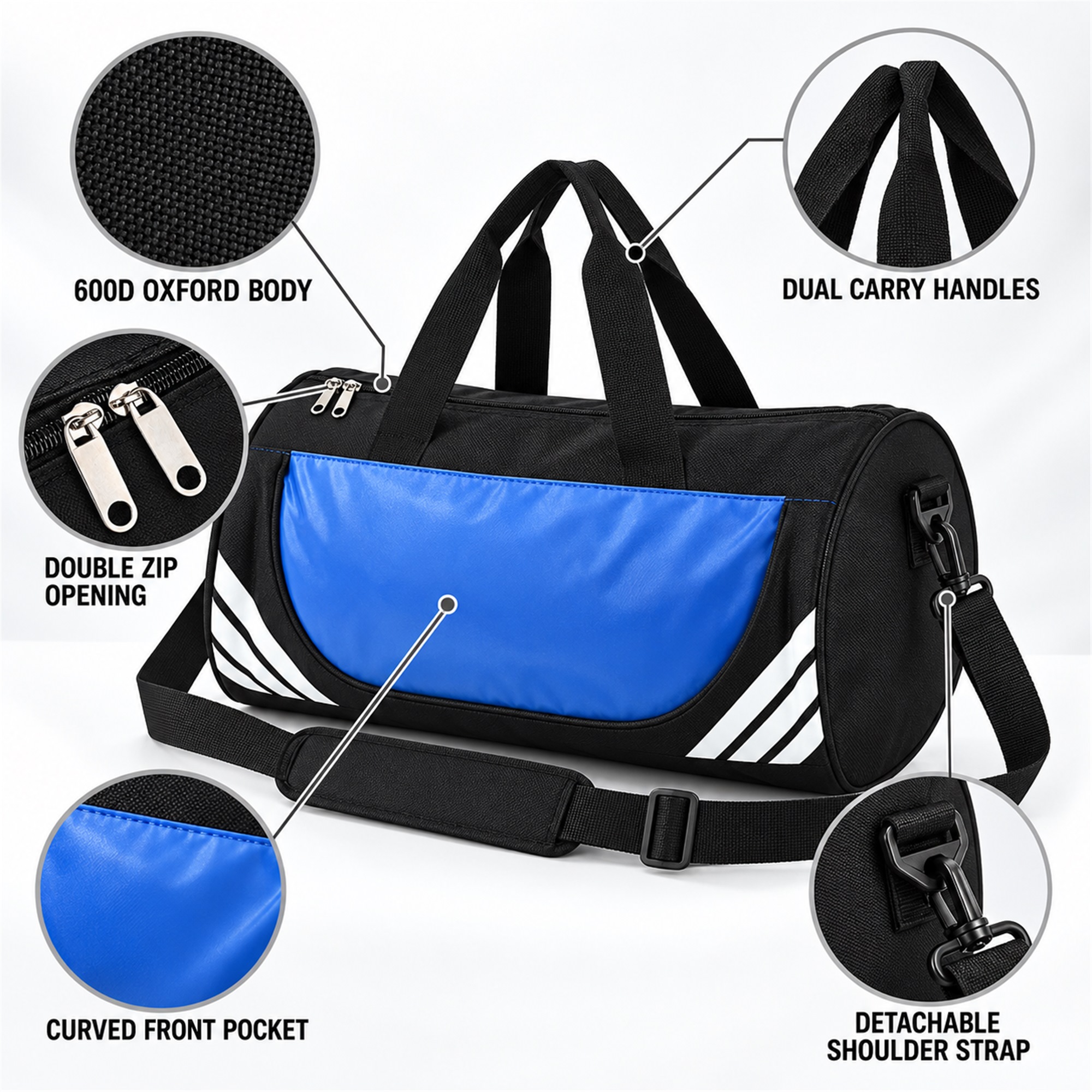 Custom Black And Blue Cylindrical Gym And Training Duffel product construction details