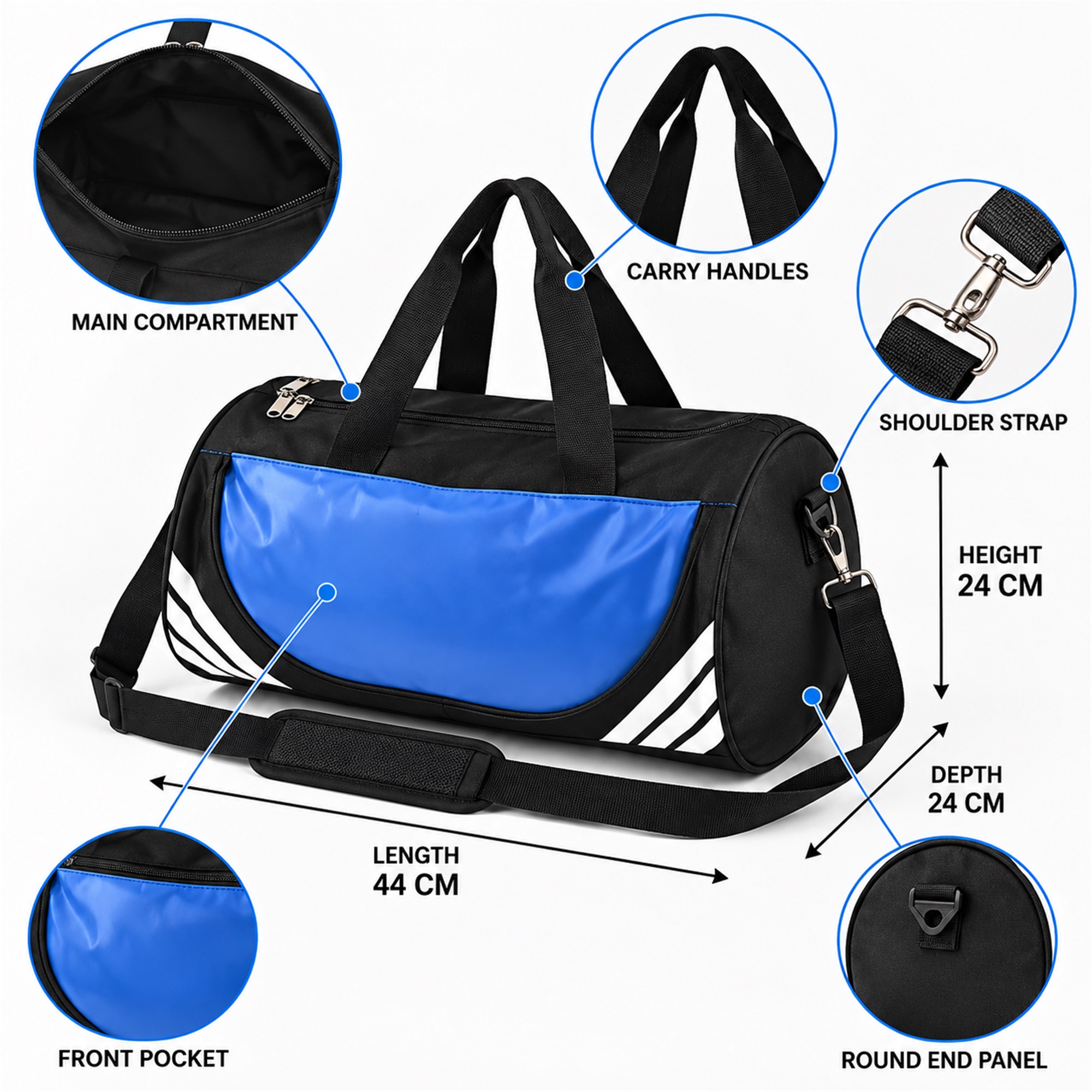 Custom Black And Blue Cylindrical Gym And Training Duffel size and structure