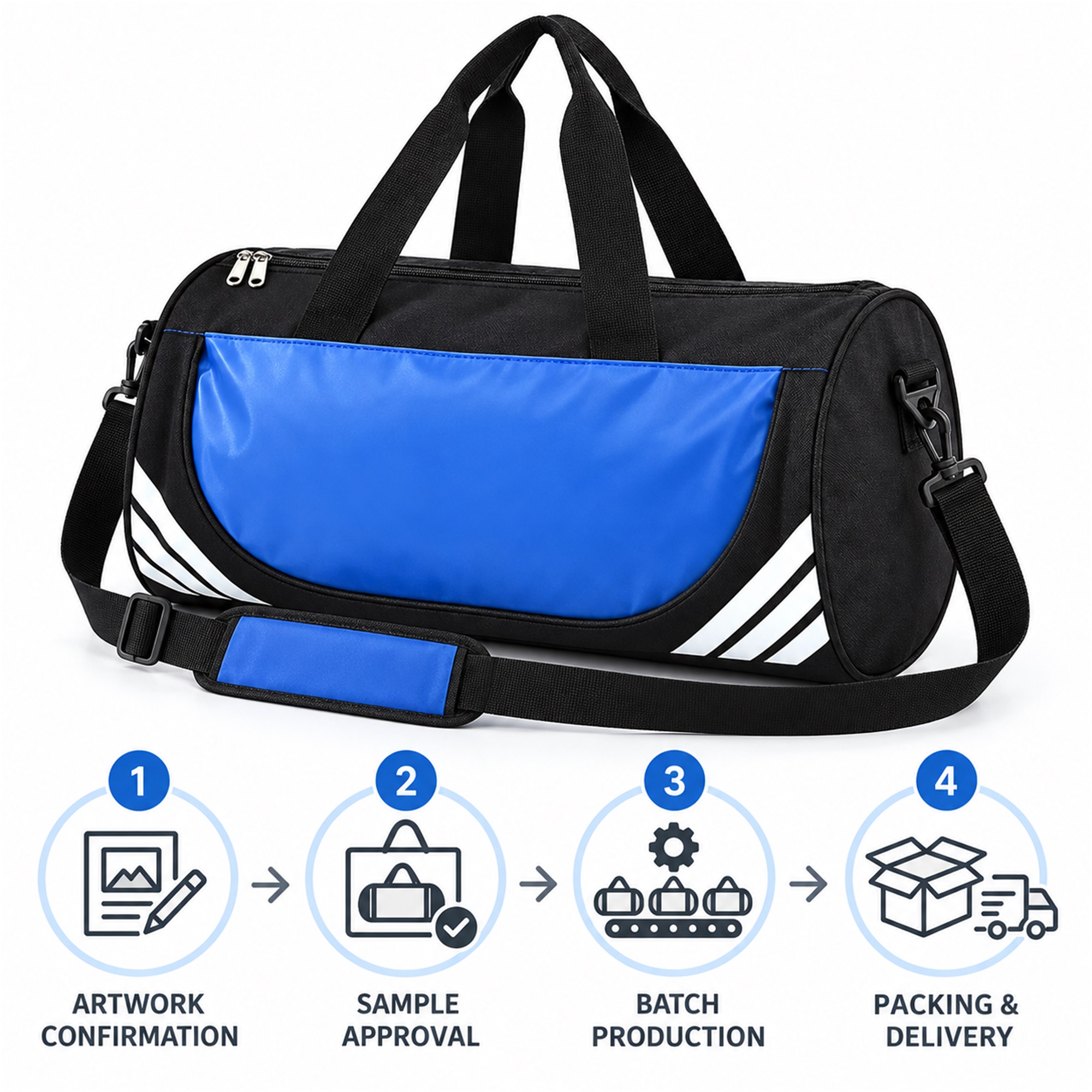 Custom Black And Blue Cylindrical Gym And Training Duffel custom logo option