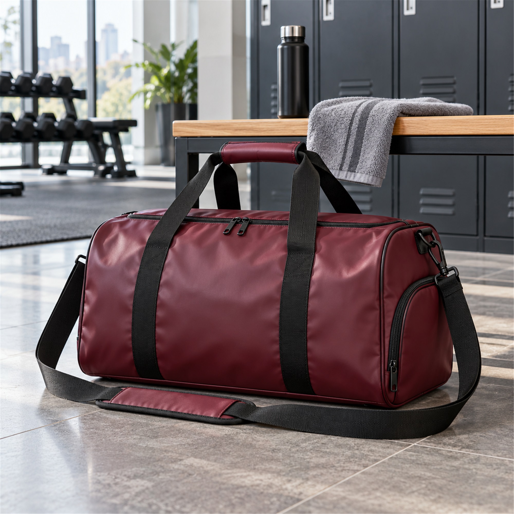 Burgundy Travel And Gym Duffel With End Shoe Compartment lifestyle application