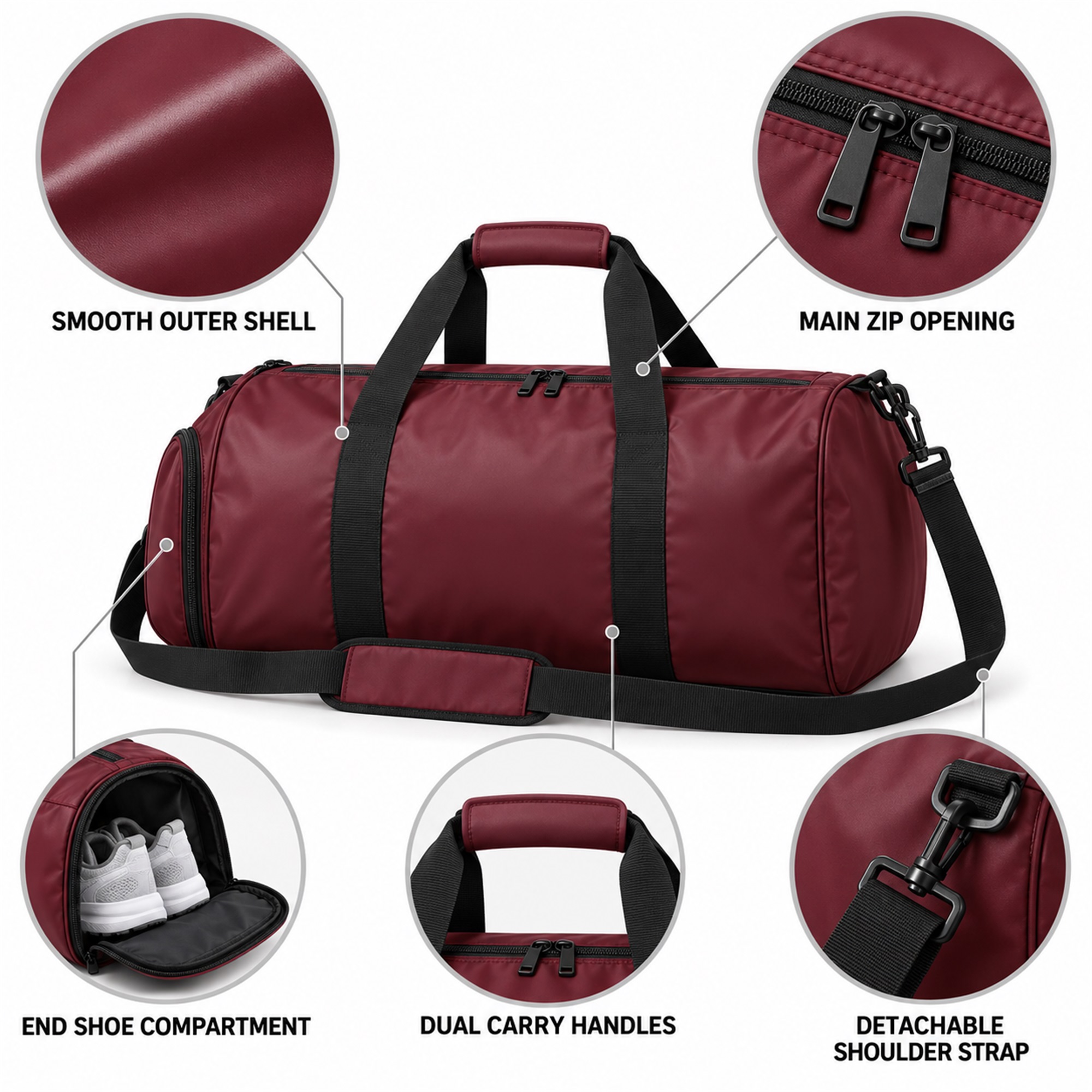 Burgundy Travel And Gym Duffel With End Shoe Compartment product construction details