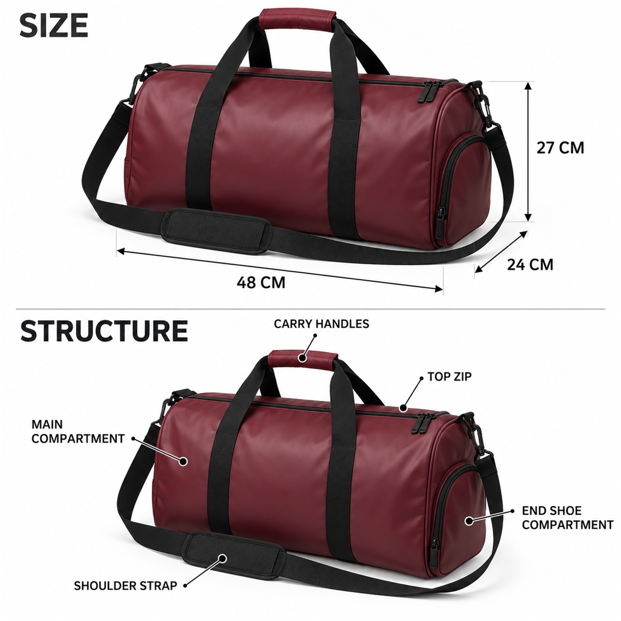 Burgundy Travel And Gym Duffel With End Shoe Compartment size and structure