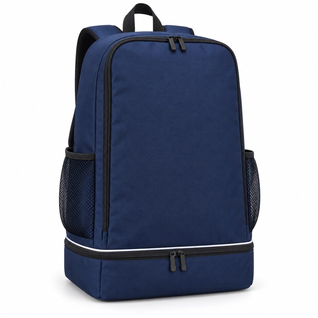 Custom Navy Sports And Football Backpack With Bottom Compartment front product view