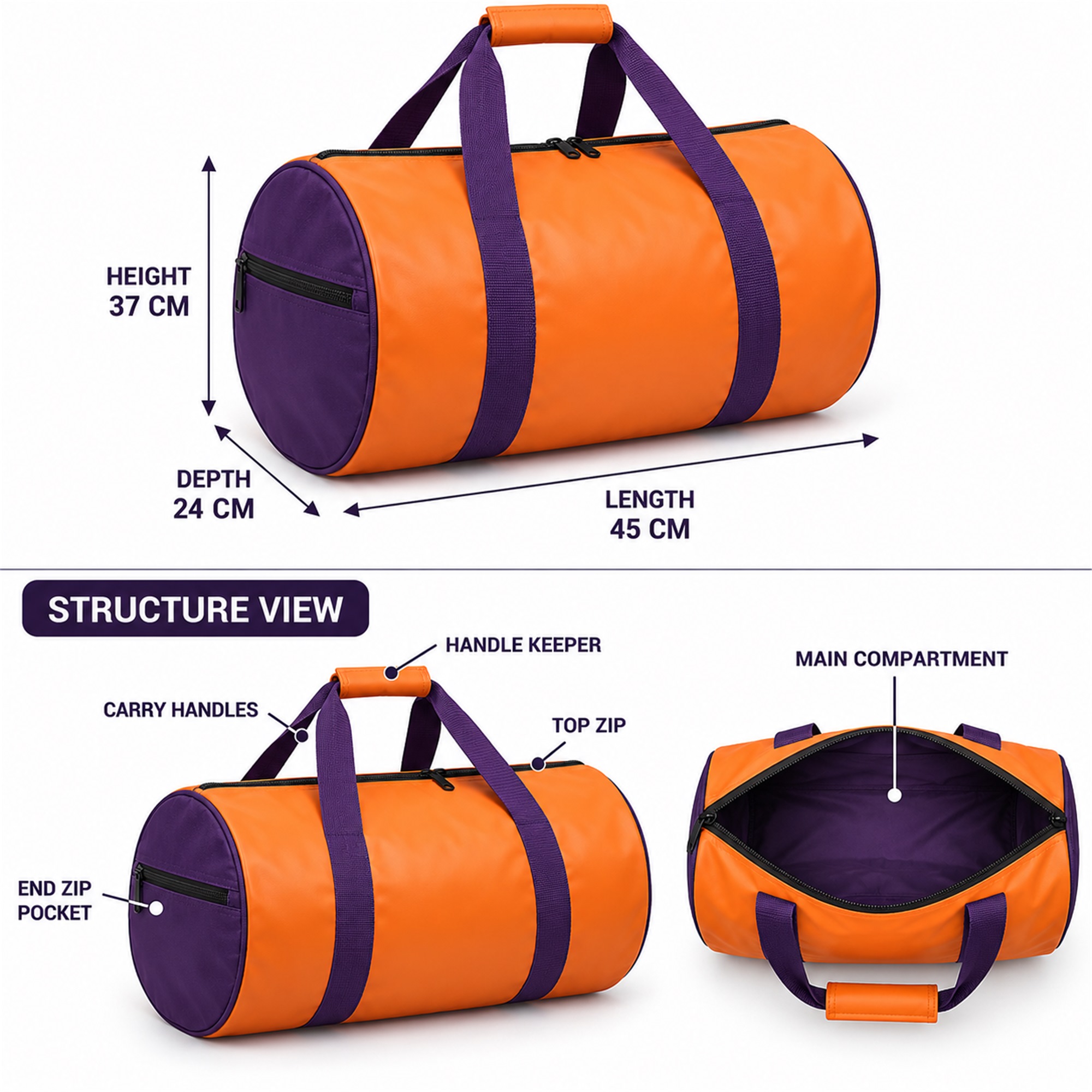 Orange And Purple Barrel Gym And Travel Duffel size and structure