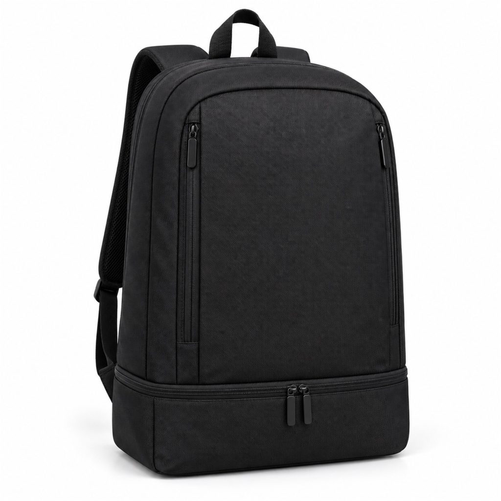 Custom Black Oxford Backpack With Separate Bottom Compartment front product view