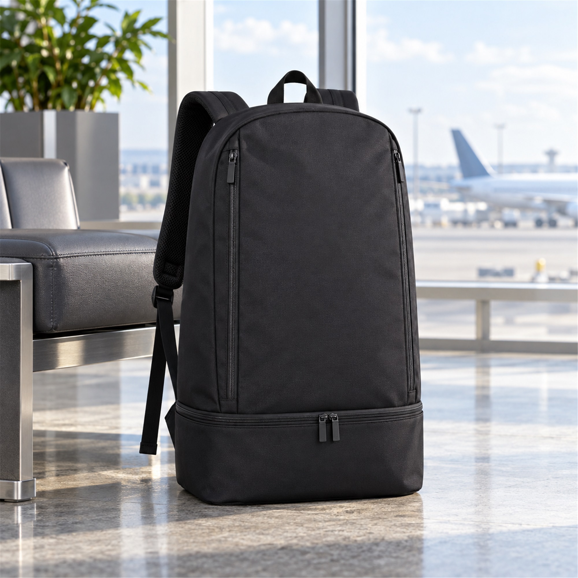 Custom Black Oxford Backpack With Separate Bottom Compartment lifestyle application