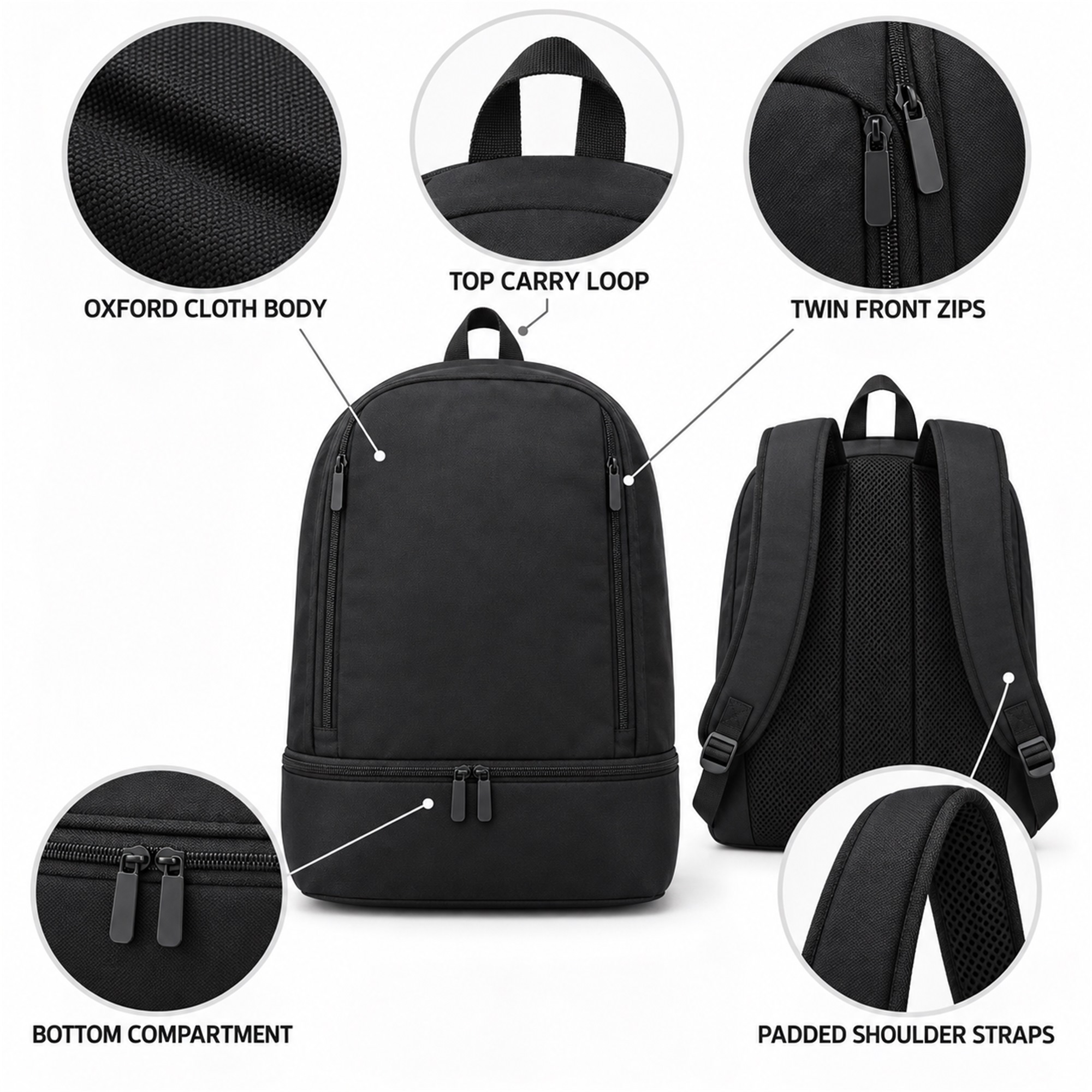 Custom Black Oxford Backpack With Separate Bottom Compartment product construction details