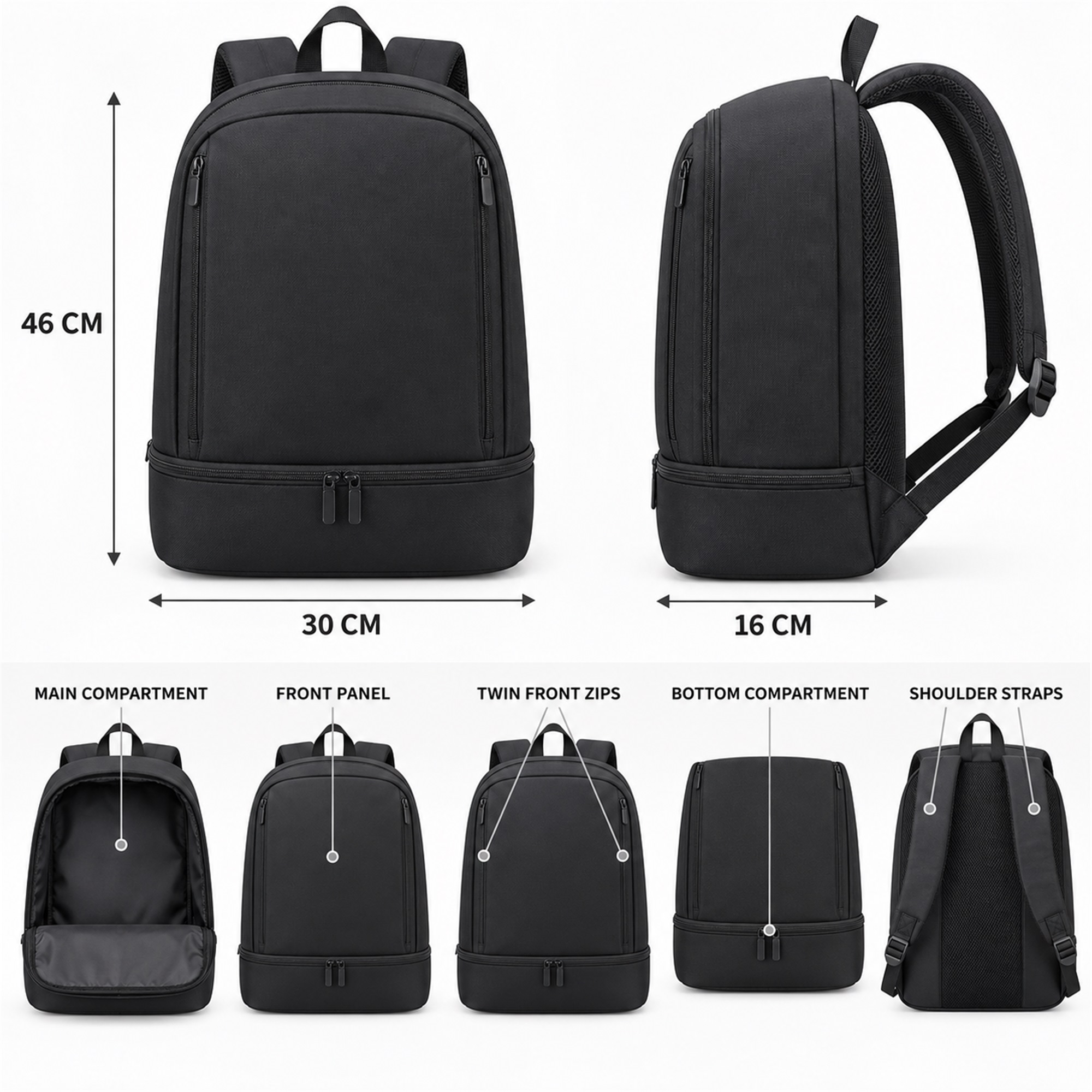 Custom Black Oxford Backpack With Separate Bottom Compartment size and structure