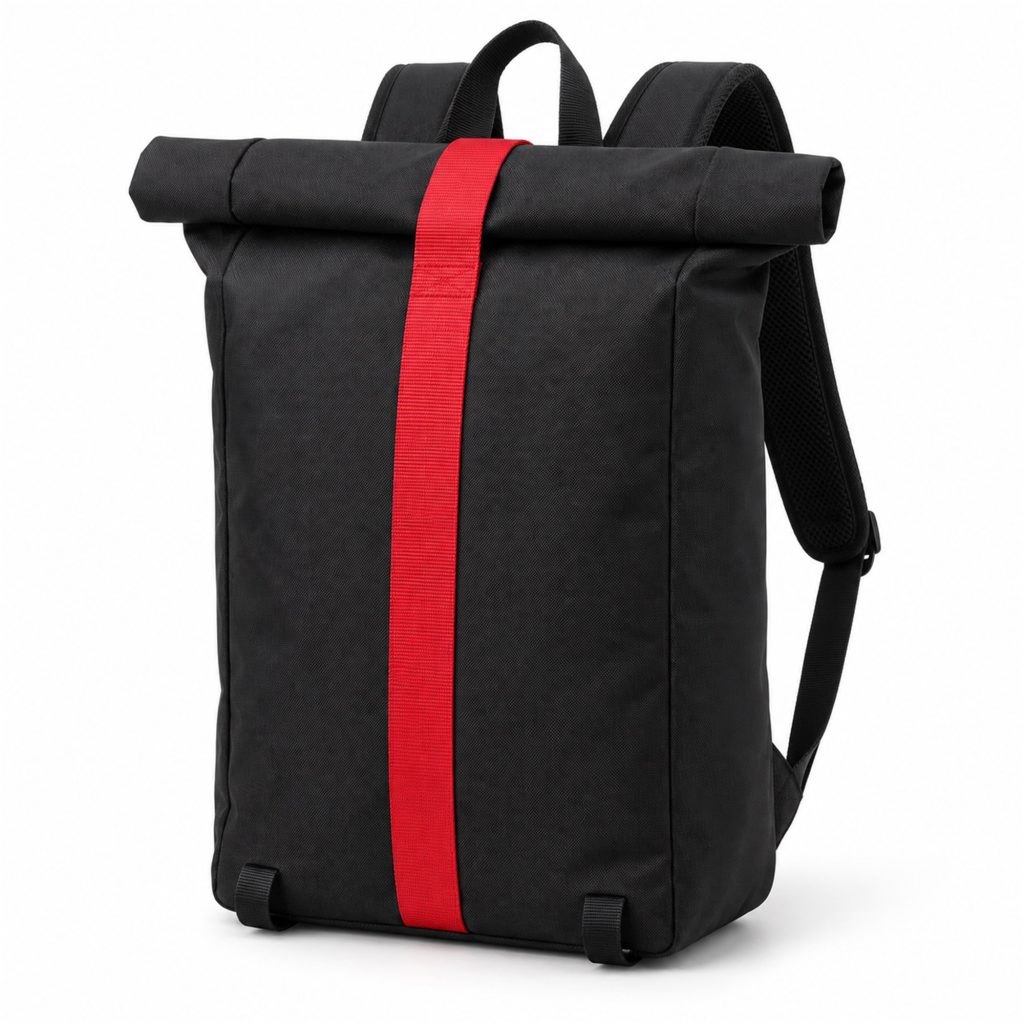 Custom Black Oxford Roll-Top Backpack With Red Vertical Strap front product view