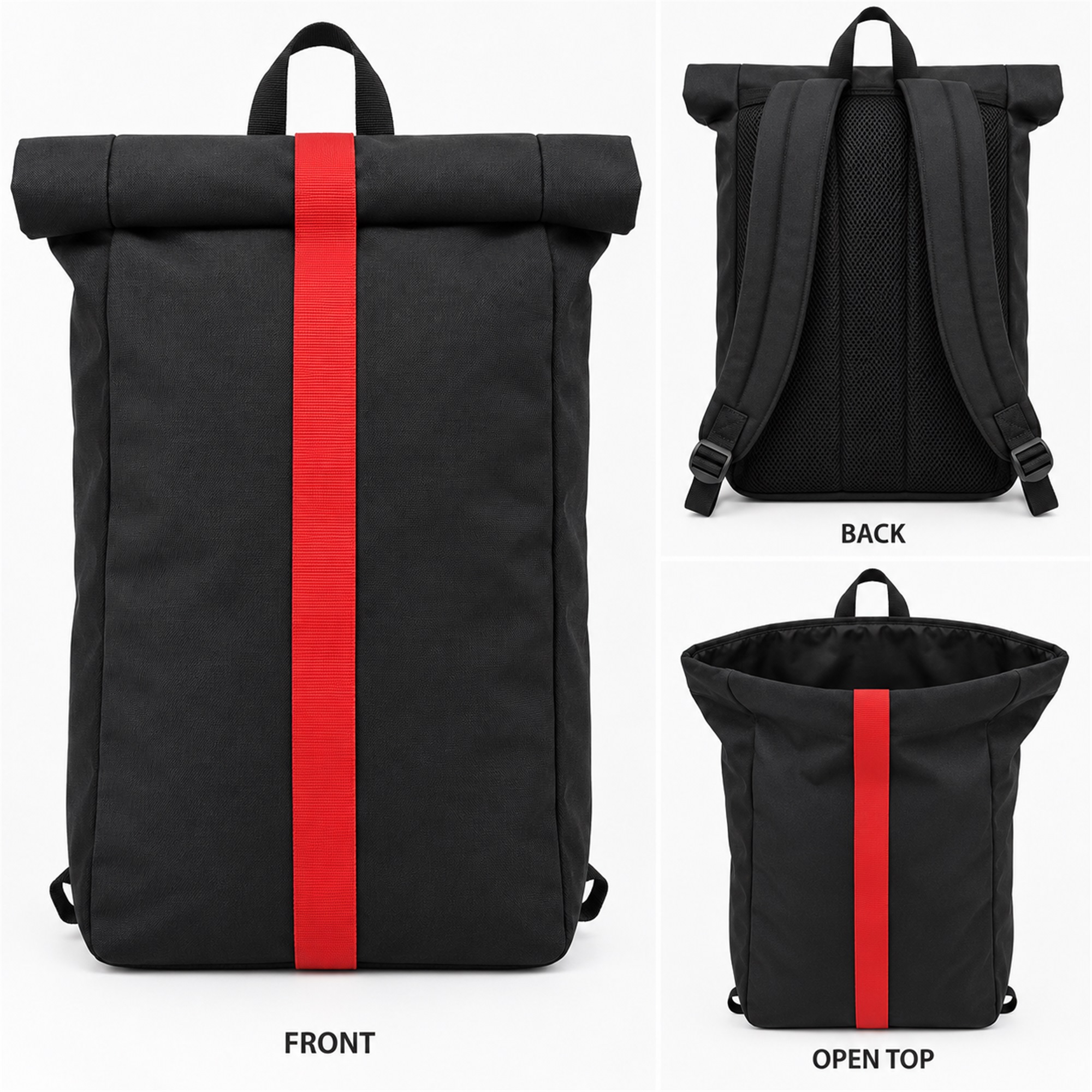 Custom Black Oxford Roll-Top Backpack With Red Vertical Strap available styles and colors