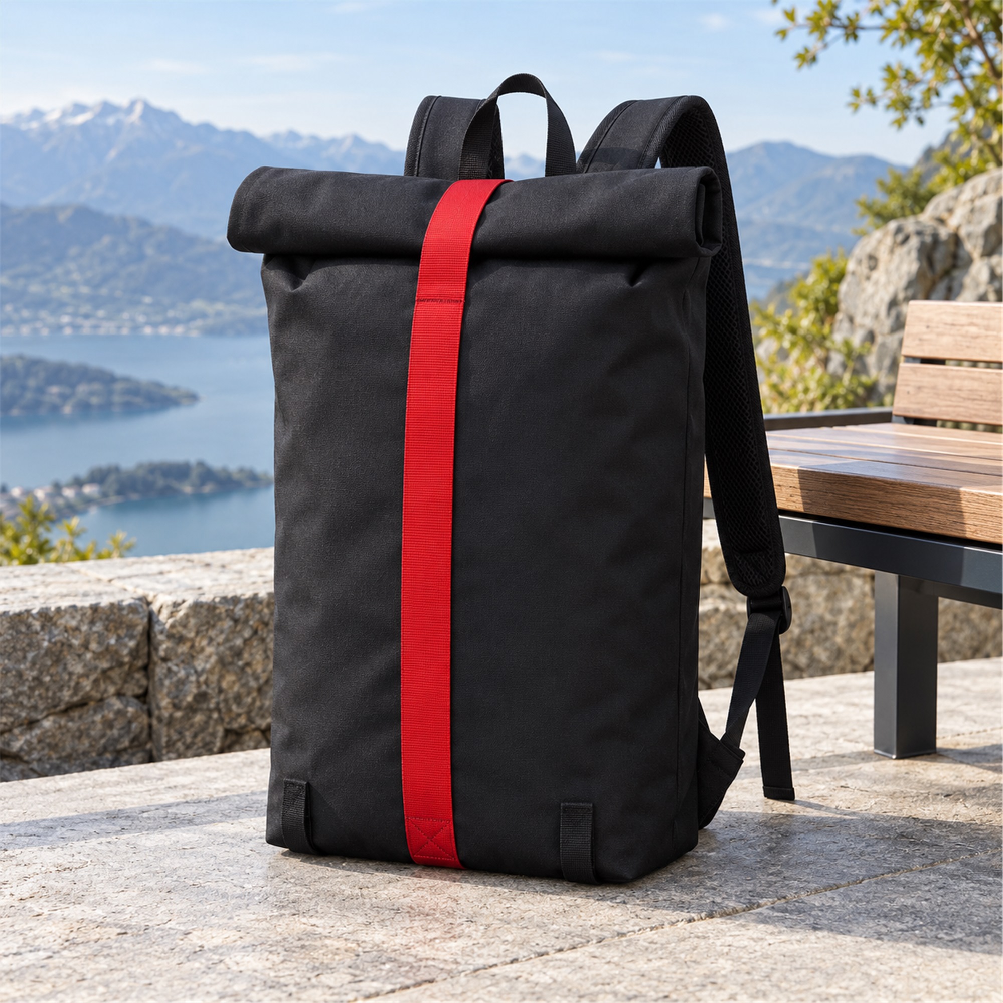 Custom Black Oxford Roll-Top Backpack With Red Vertical Strap lifestyle application