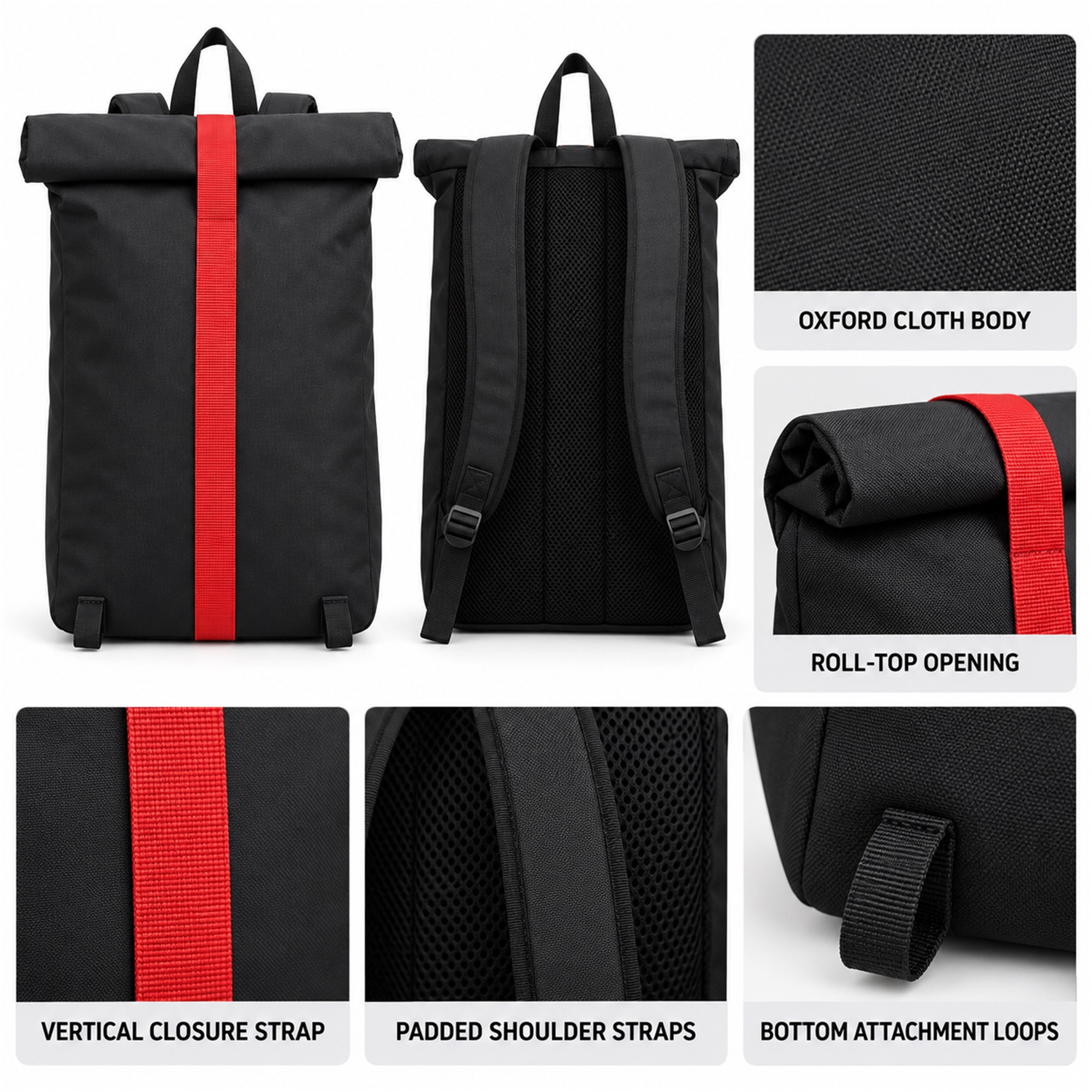 Custom Black Oxford Roll-Top Backpack With Red Vertical Strap product construction details