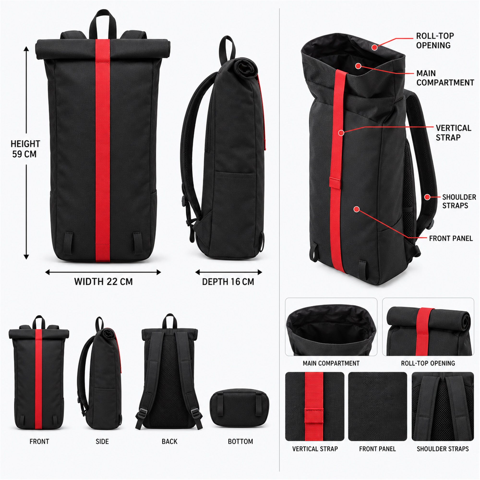 Custom Black Oxford Roll-Top Backpack With Red Vertical Strap size and structure