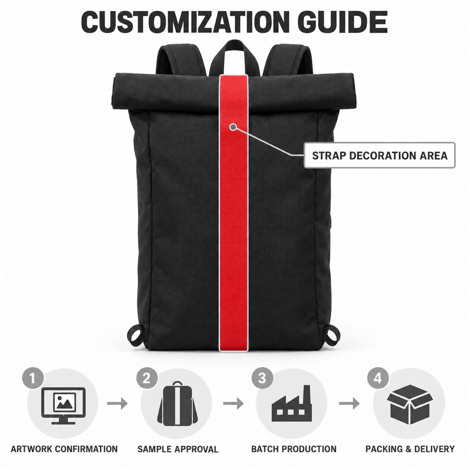 Custom Black Oxford Roll-Top Backpack With Red Vertical Strap custom logo option