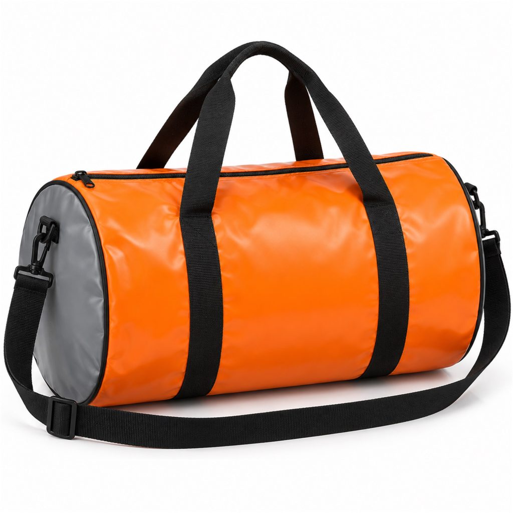 Custom Glossy Cylindrical Duffle Bag With Gray End Panels front product view