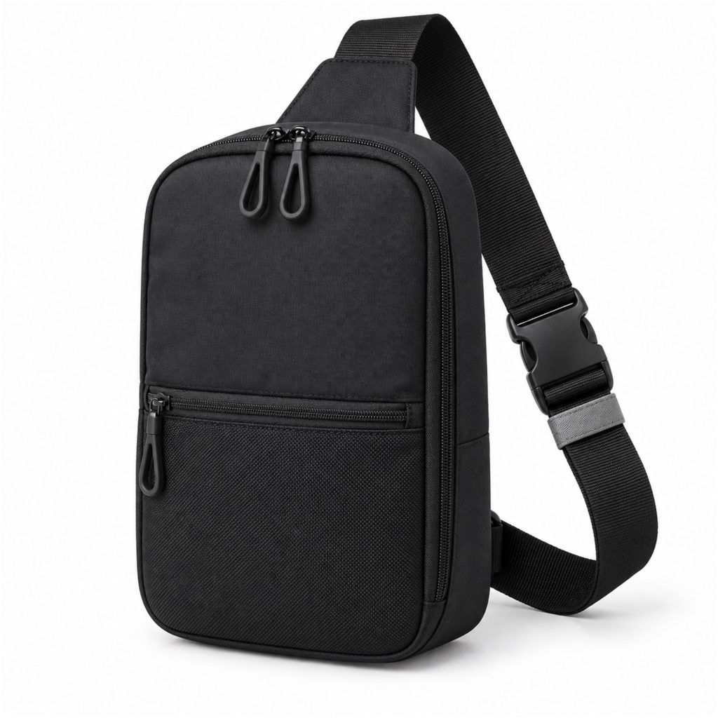 Custom Black Oxford Compact Vertical Sling Bag front product view