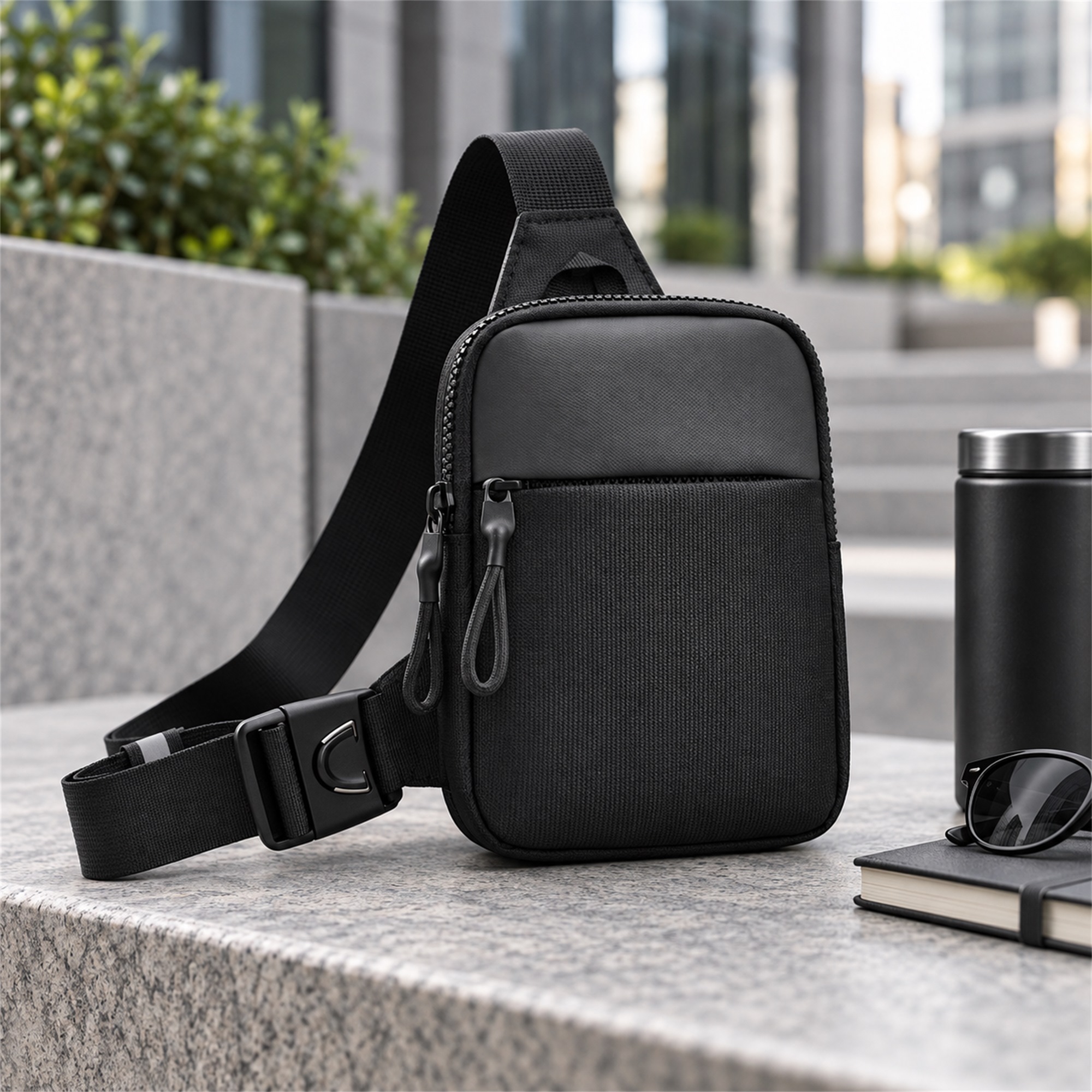 Custom Black Oxford Compact Vertical Sling Bag lifestyle application
