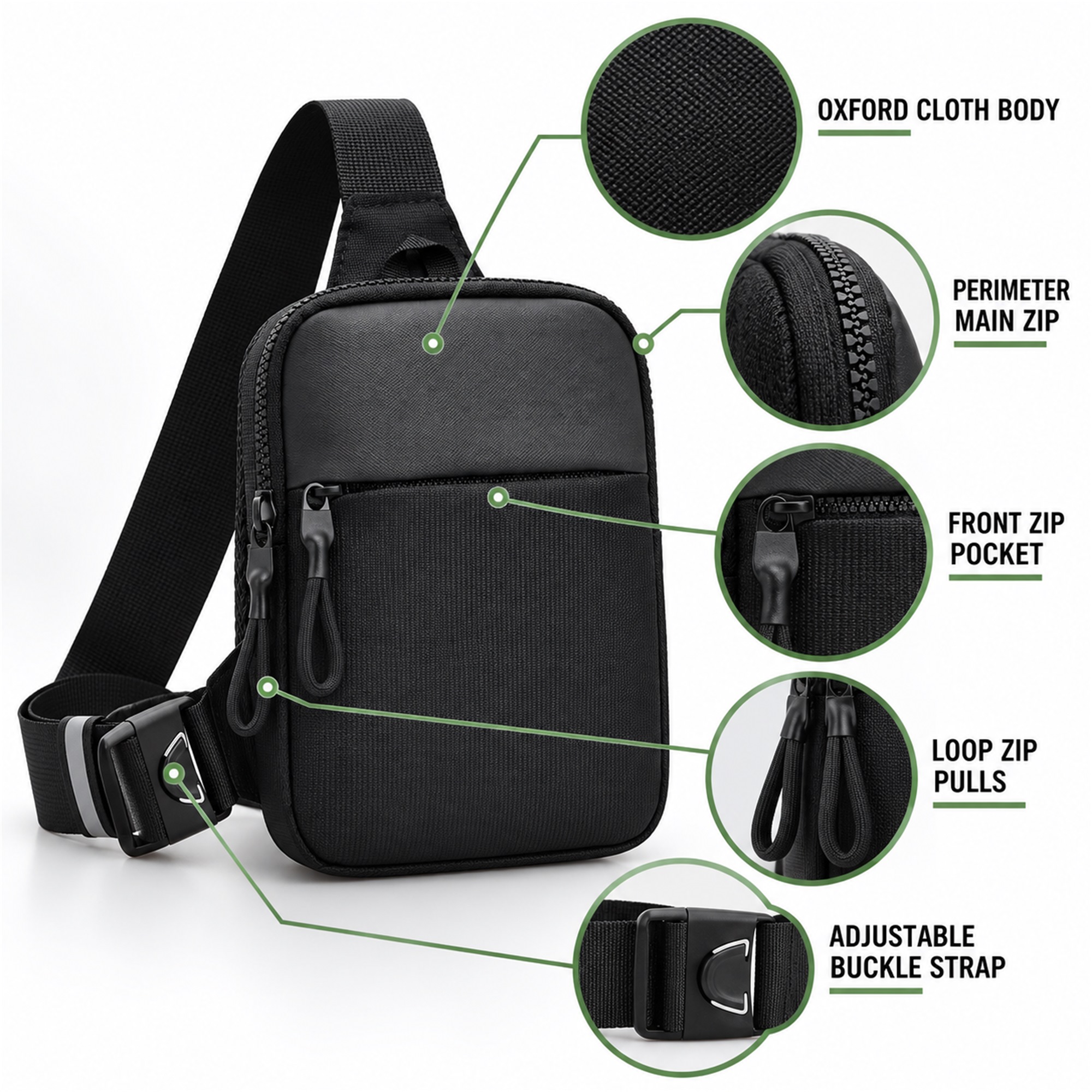 Custom Black Oxford Compact Vertical Sling Bag product construction details