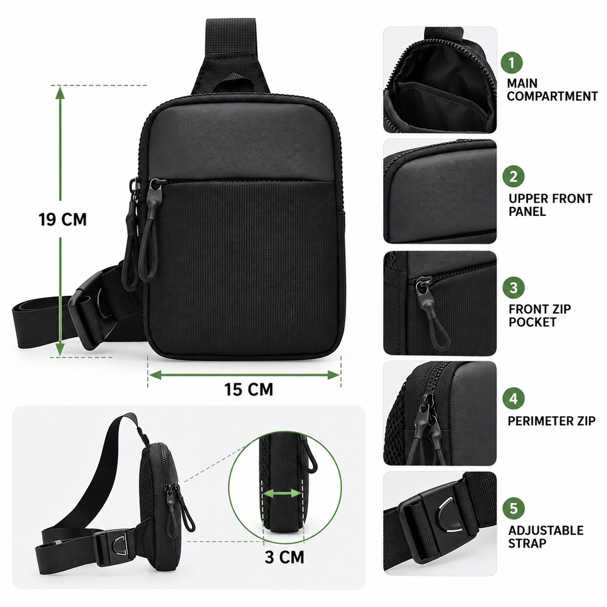 Custom Black Oxford Compact Vertical Sling Bag size and structure