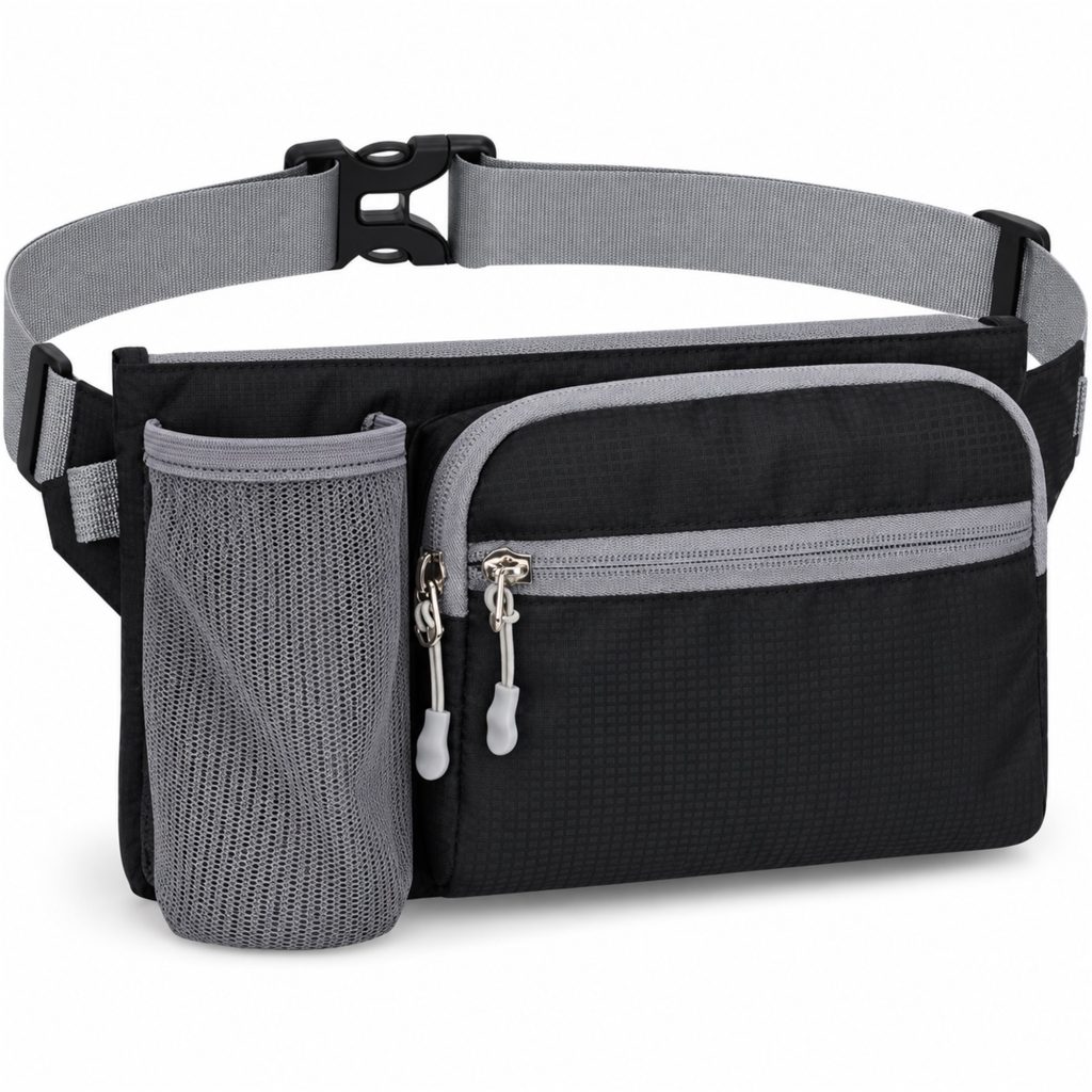 Nylon Sports Waist Bag With Side Bottle Pocket front product view