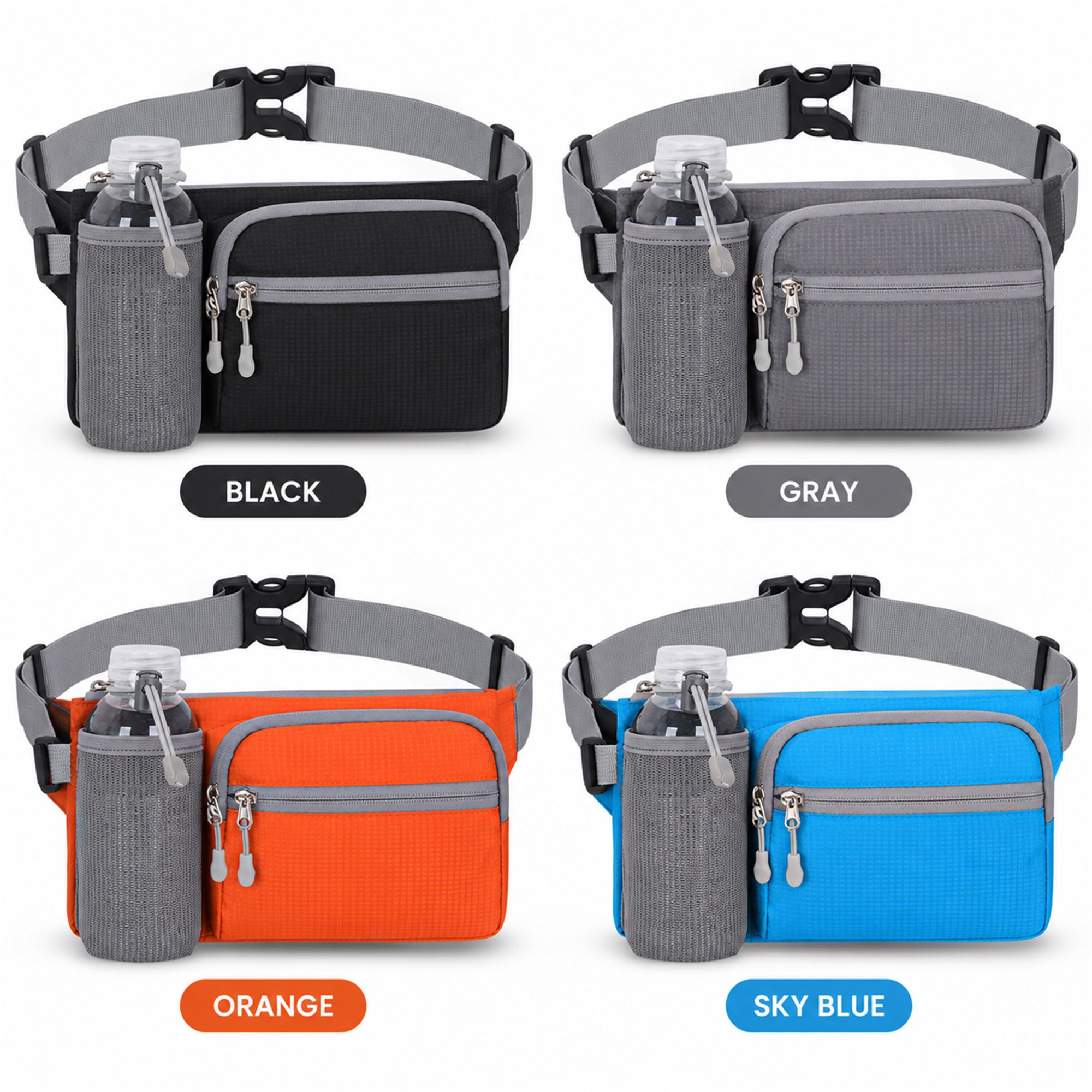 Nylon Sports Waist Bag With Side Bottle Pocket available styles and colors