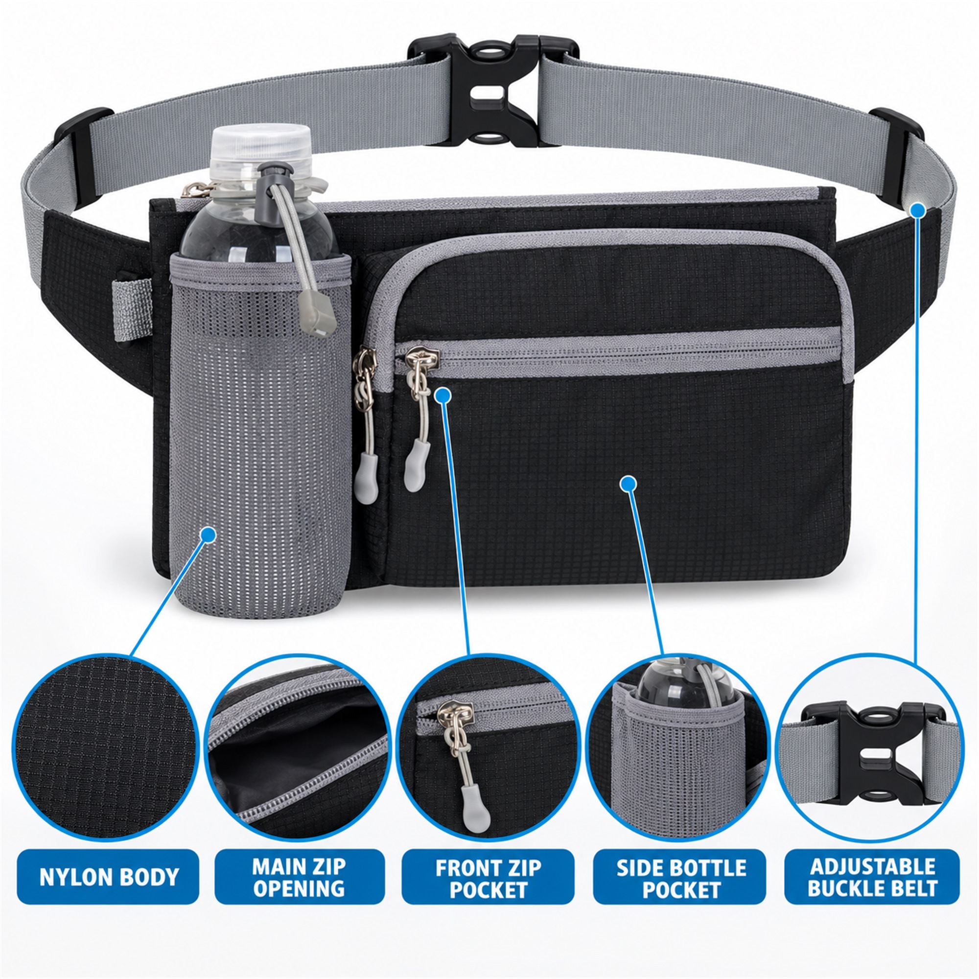 Nylon Sports Waist Bag With Side Bottle Pocket product construction details