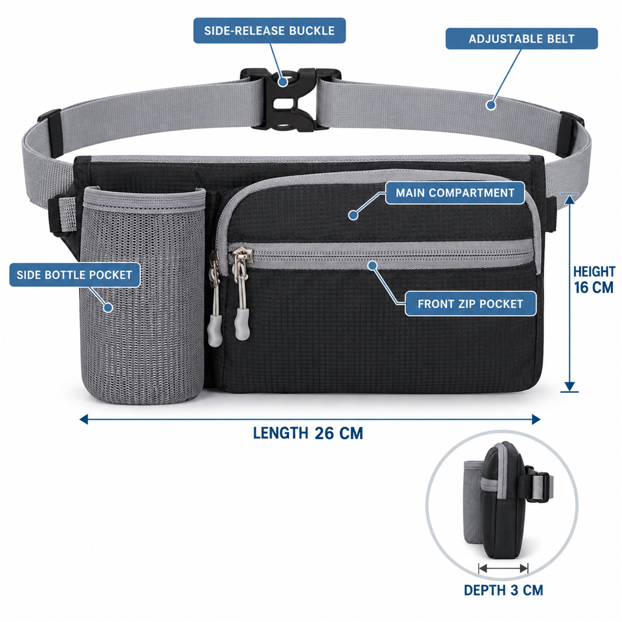 Nylon Sports Waist Bag With Side Bottle Pocket size and structure