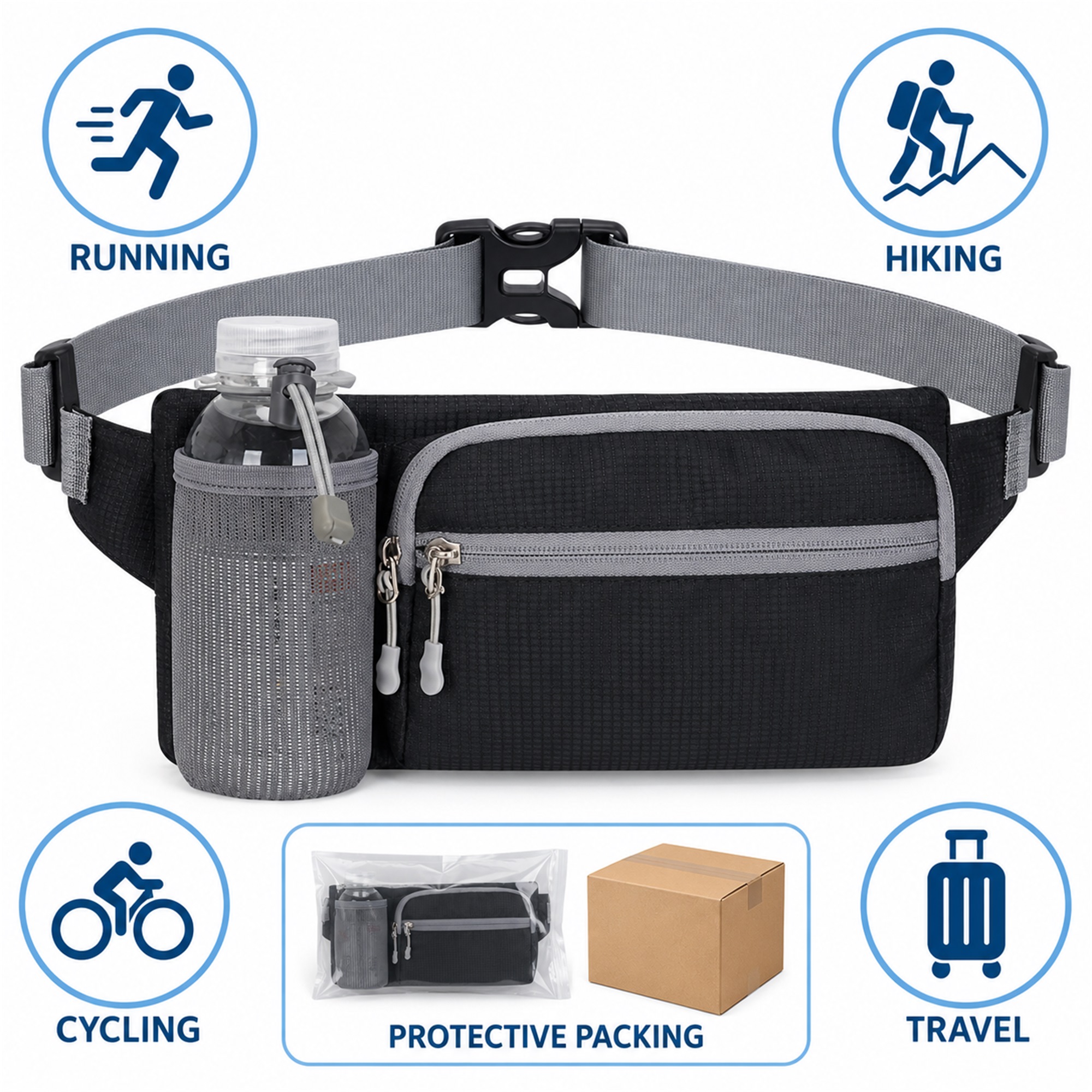 Nylon Sports Waist Bag With Side Bottle Pocket additional product views