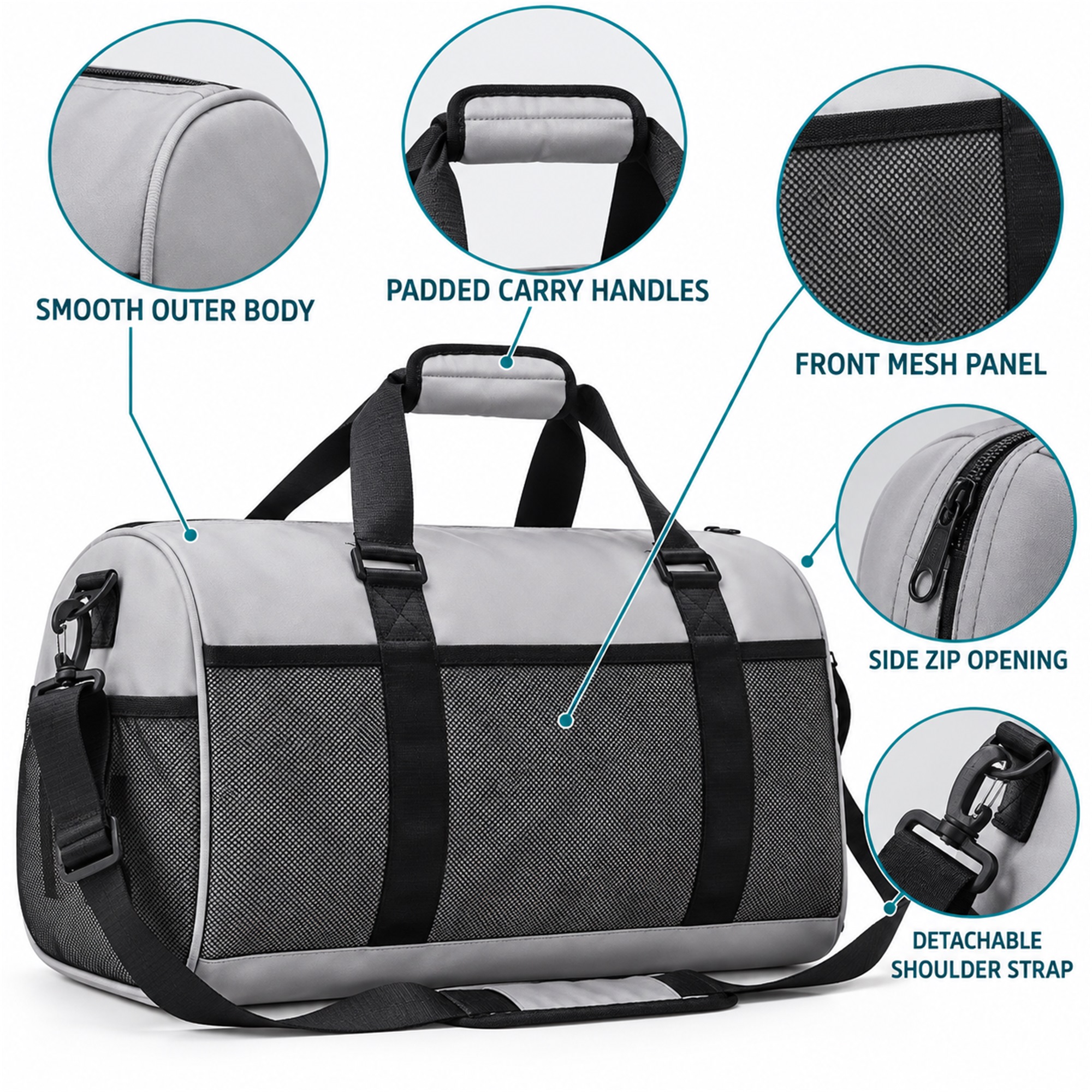 Custom Mesh-Panel Sports And Travel Duffle Bag product construction details