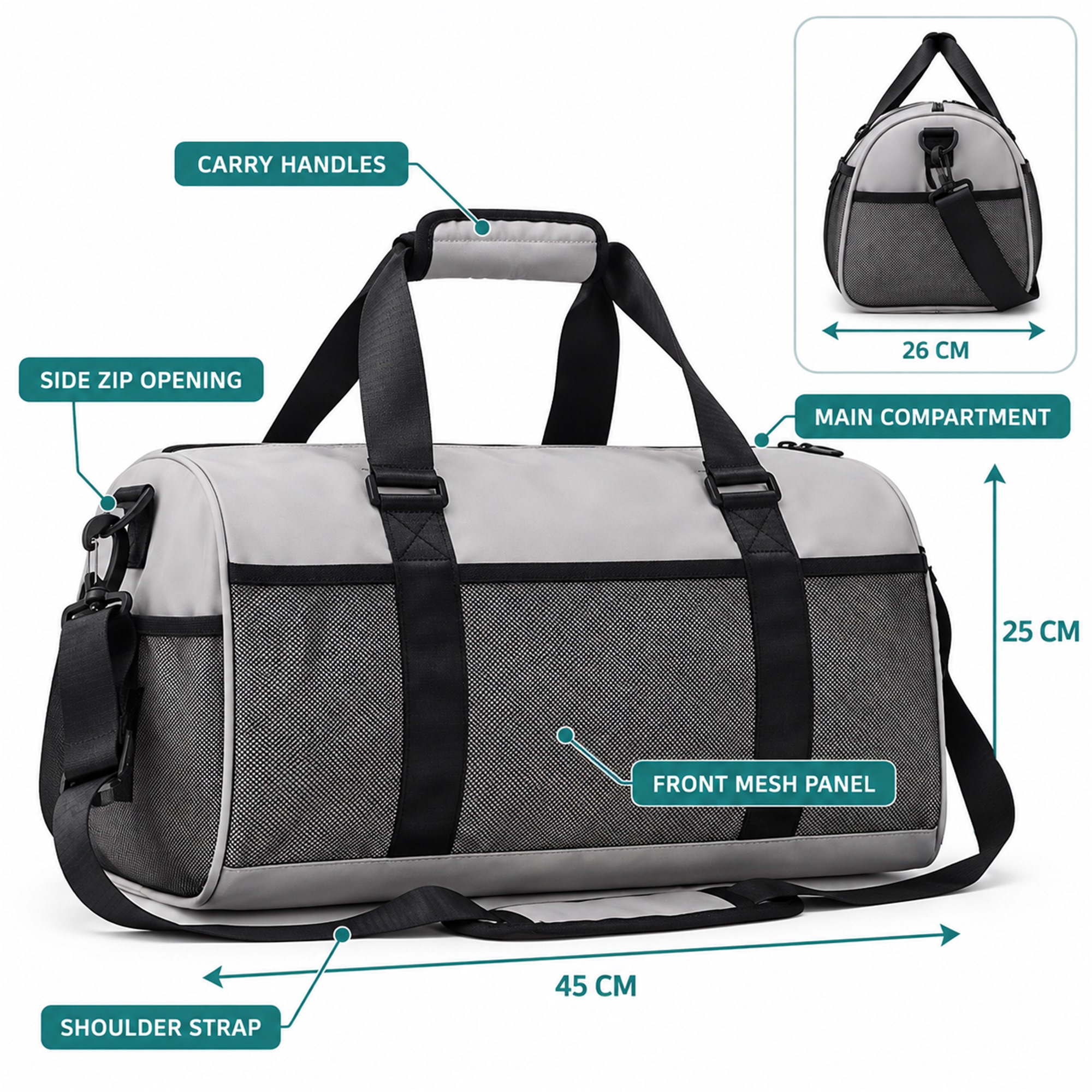 Custom Mesh-Panel Sports And Travel Duffle Bag size and structure