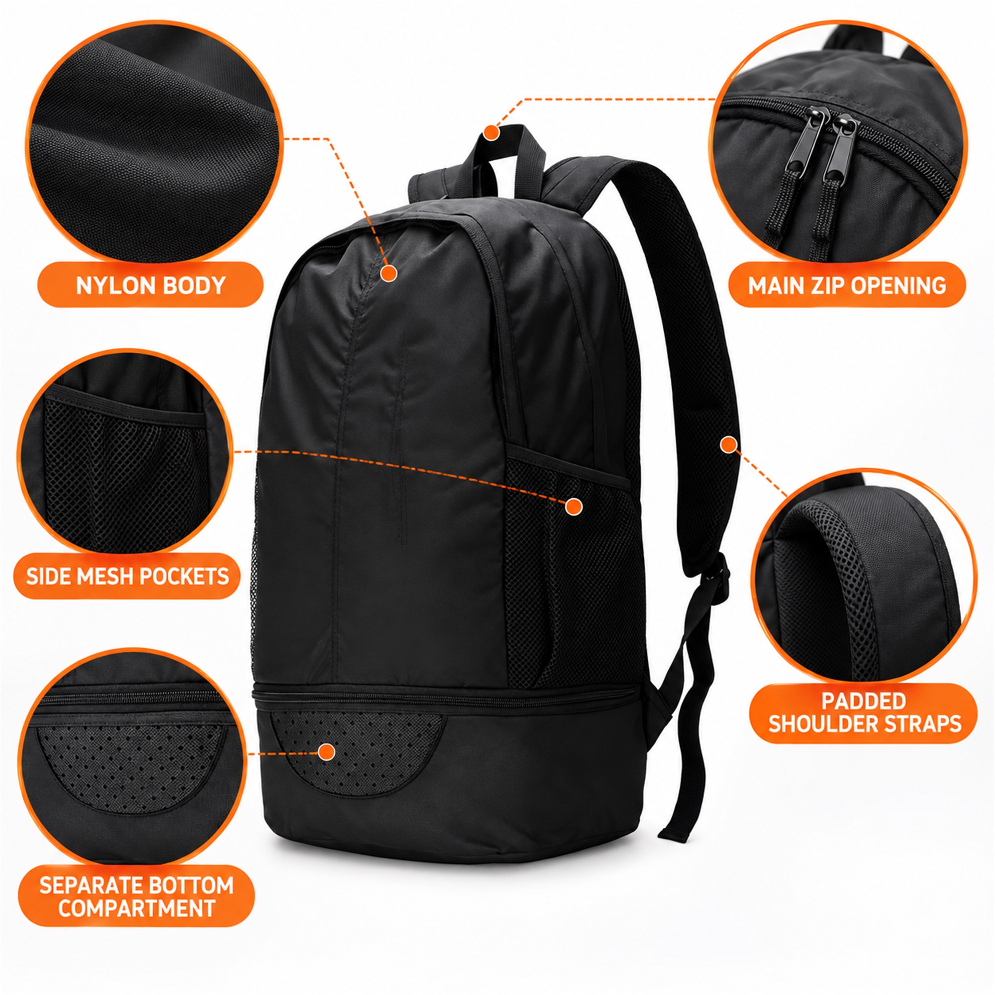 Custom Nylon Football Equipment Backpack With Separate Bottom Compartment product construction details