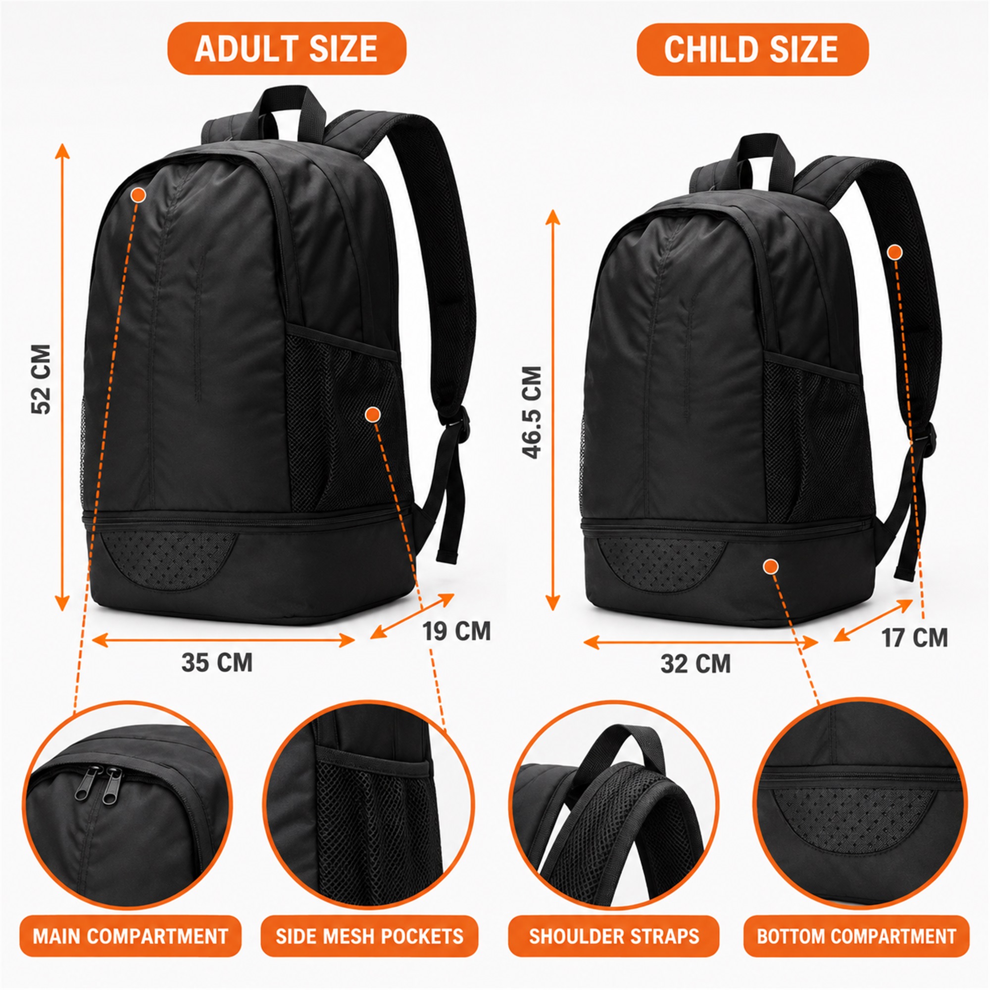 Custom Nylon Football Equipment Backpack With Separate Bottom Compartment size and structure