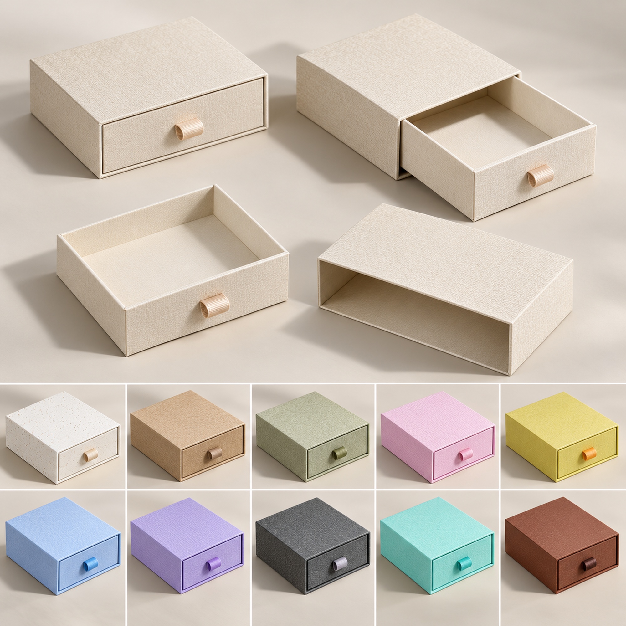 Ribbon Pull Drawer Jewelry Box structure and exterior views