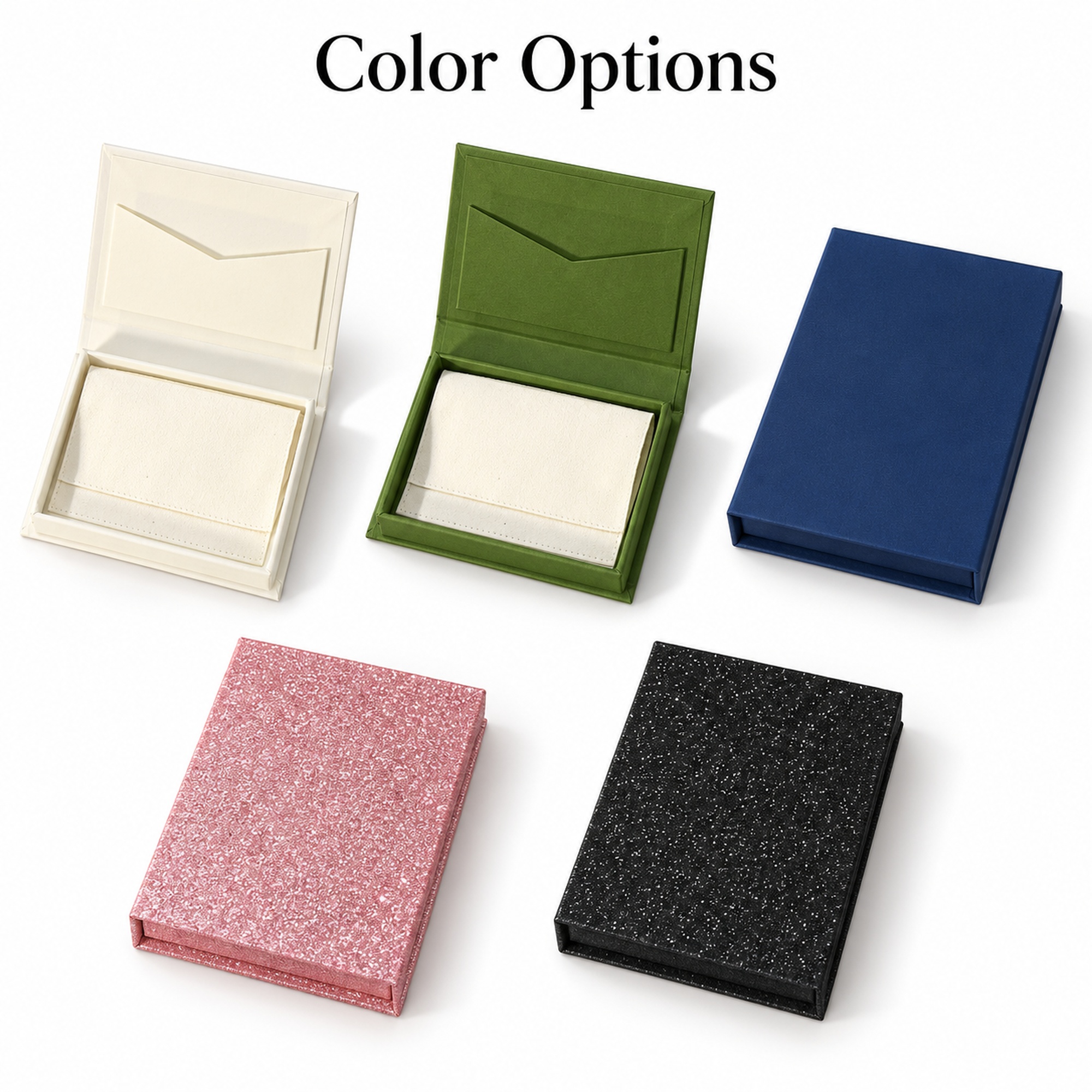 Custom slim book-style jewelry box with pouch style and color options