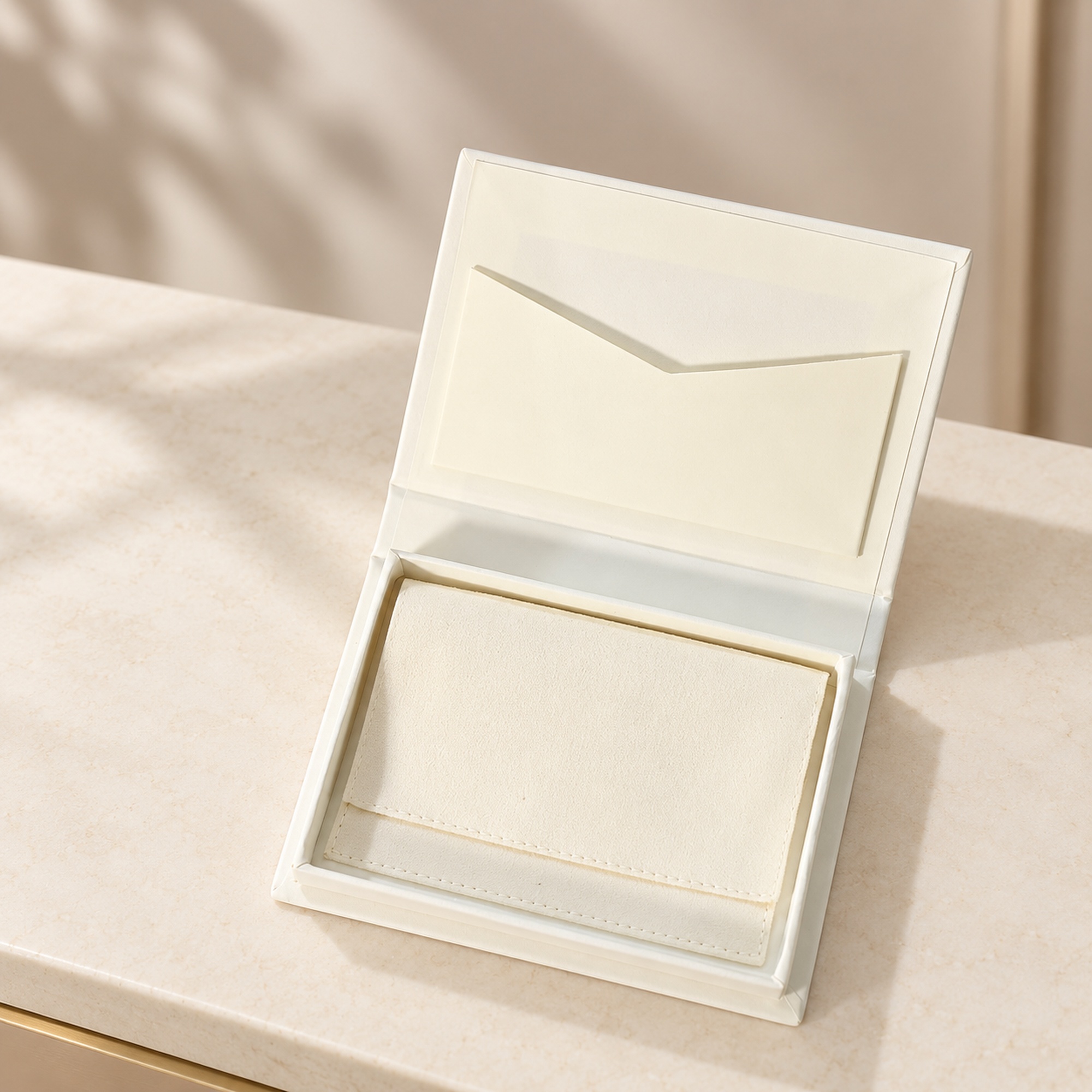 Slim Book-Style Jewelry Box with Pouch presentation setting