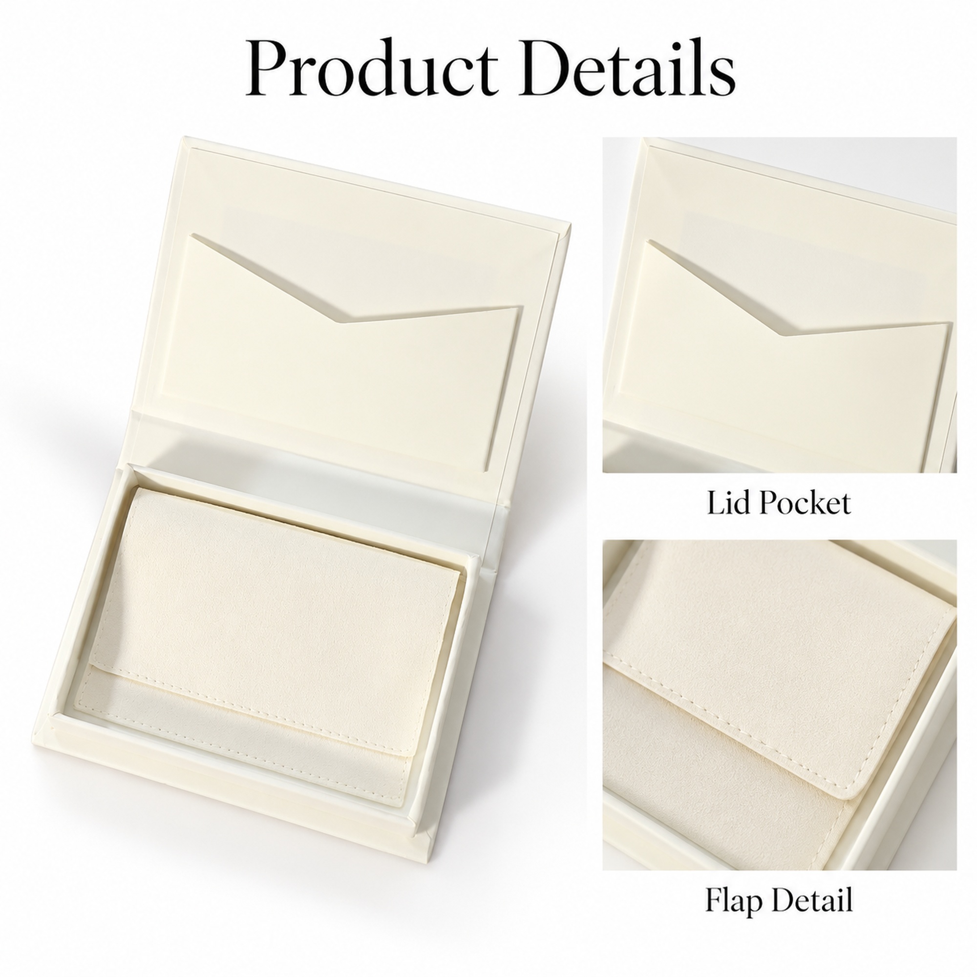Wholesale slim book-style jewelry box with pouch visible design details