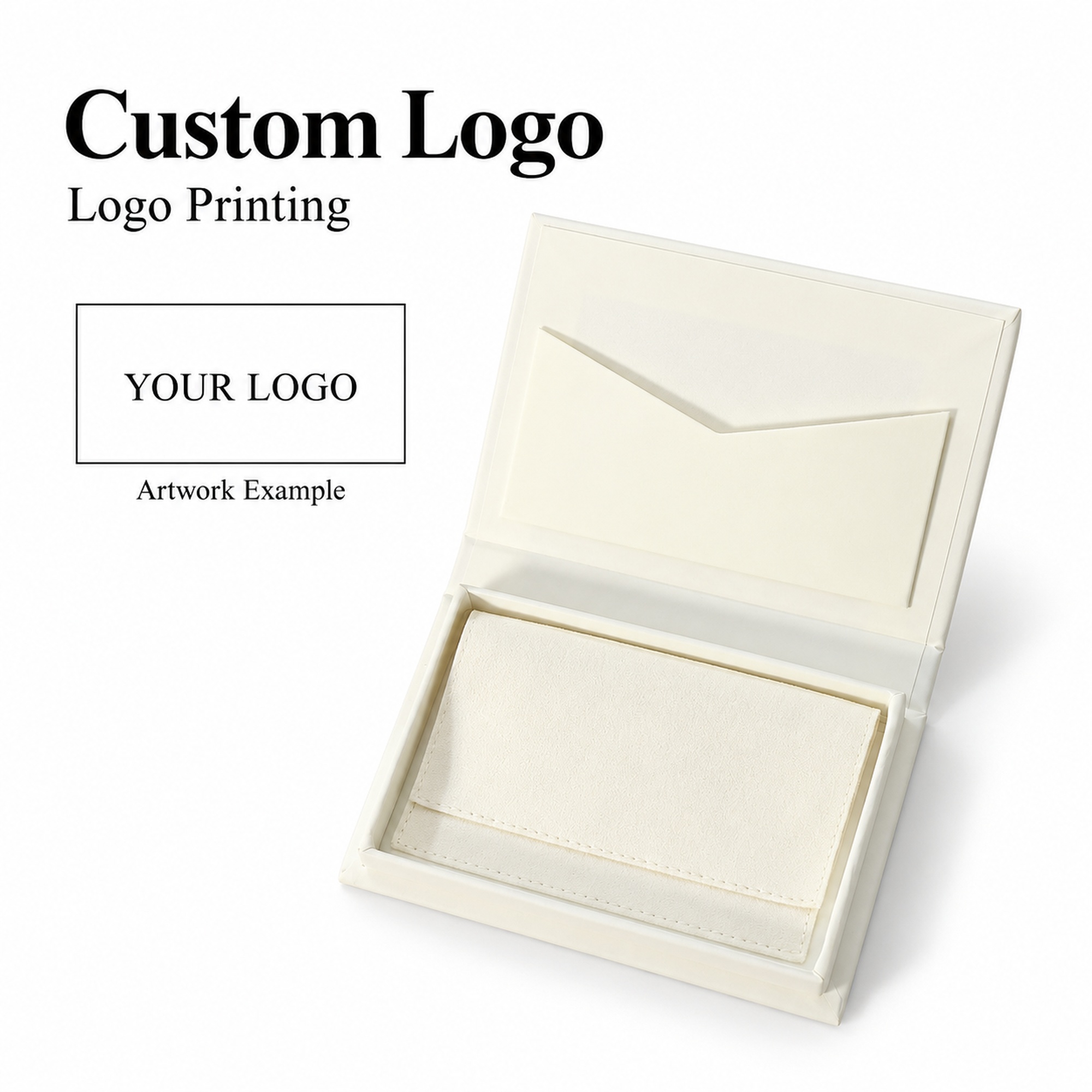 Custom branding options for slim book-style jewelry box with pouch