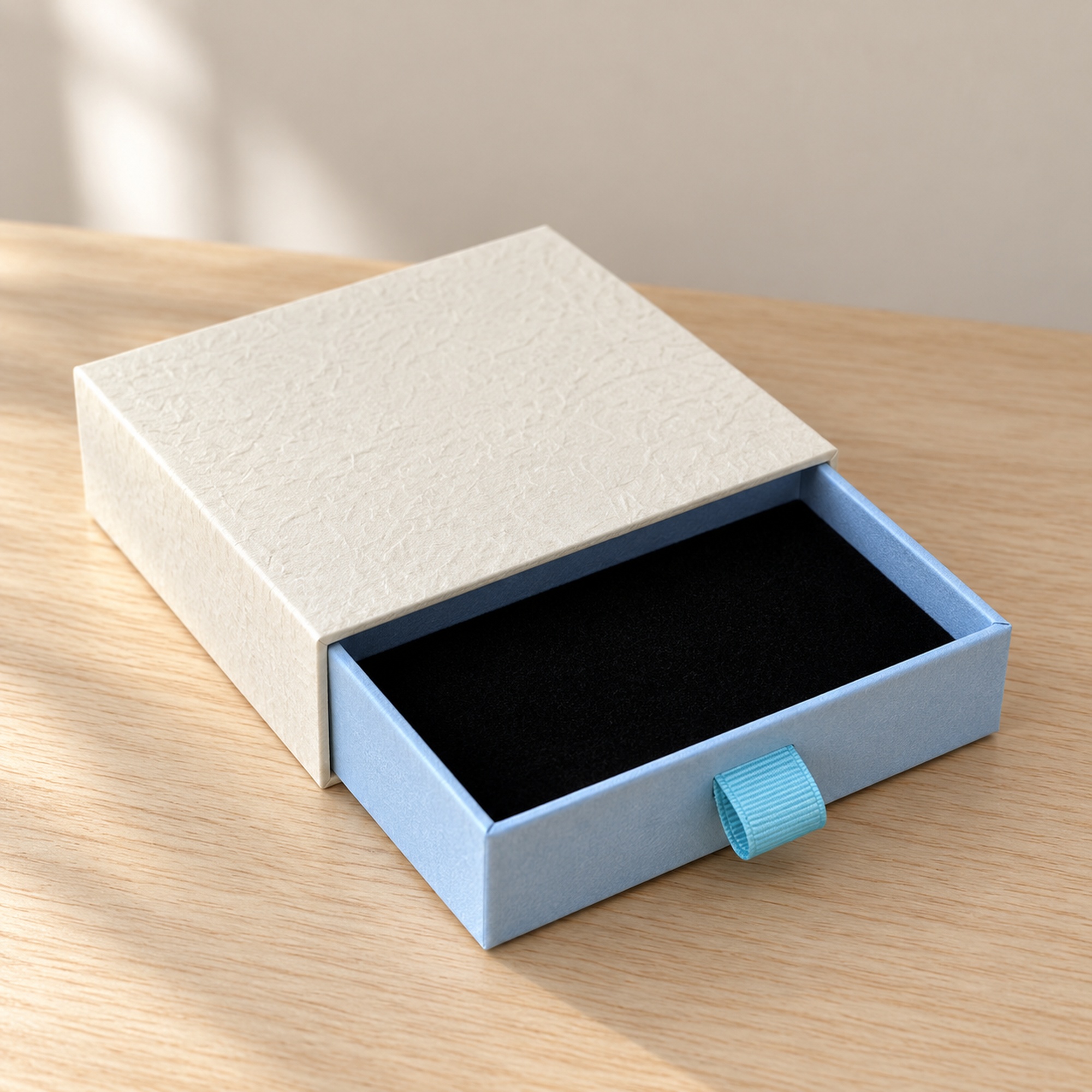 Cream and Blue Drawer Jewelry Box presentation setting